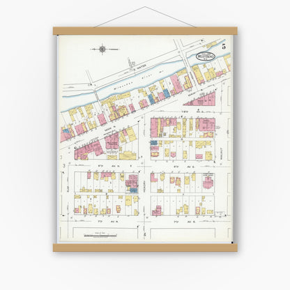 Old map wall art mockup — magnetic wood frame on white wall — Sanborn Fire Insurance Map from West Bend, Washington County, Wisconsin (1919), Sheet #0005