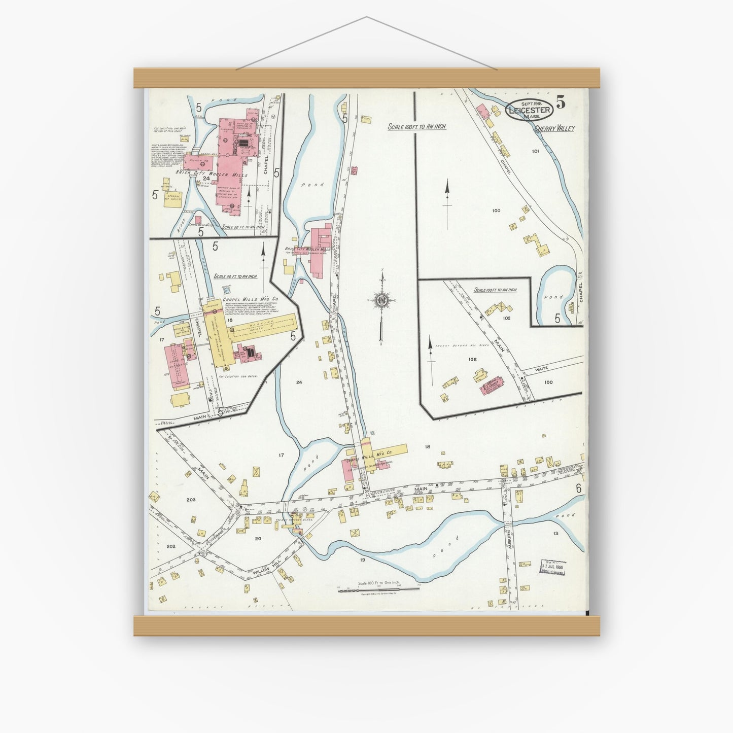 Old map wall art mockup — magnetic wood frame on white wall — Sanborn Fire Insurance Map from Leicester, Worcester County, Massachusetts (1918), Sheet #0005