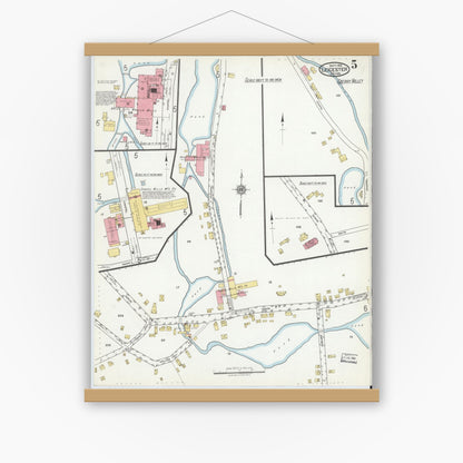 Old map wall art mockup — magnetic wood frame on white wall — Sanborn Fire Insurance Map from Leicester, Worcester County, Massachusetts (1918), Sheet #0005
