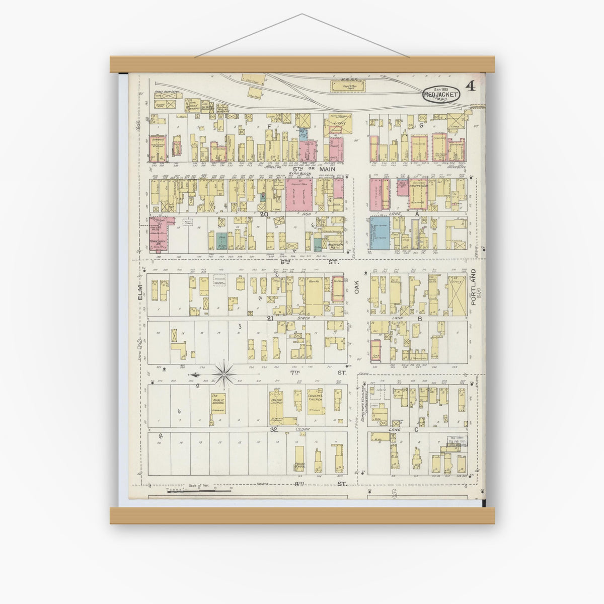 Old map wall art mockup — magnetic wood frame on white wall — Sanborn Fire Insurance Map from Red Jacket, Houghton County, Michigan (1893), Sheet #0004