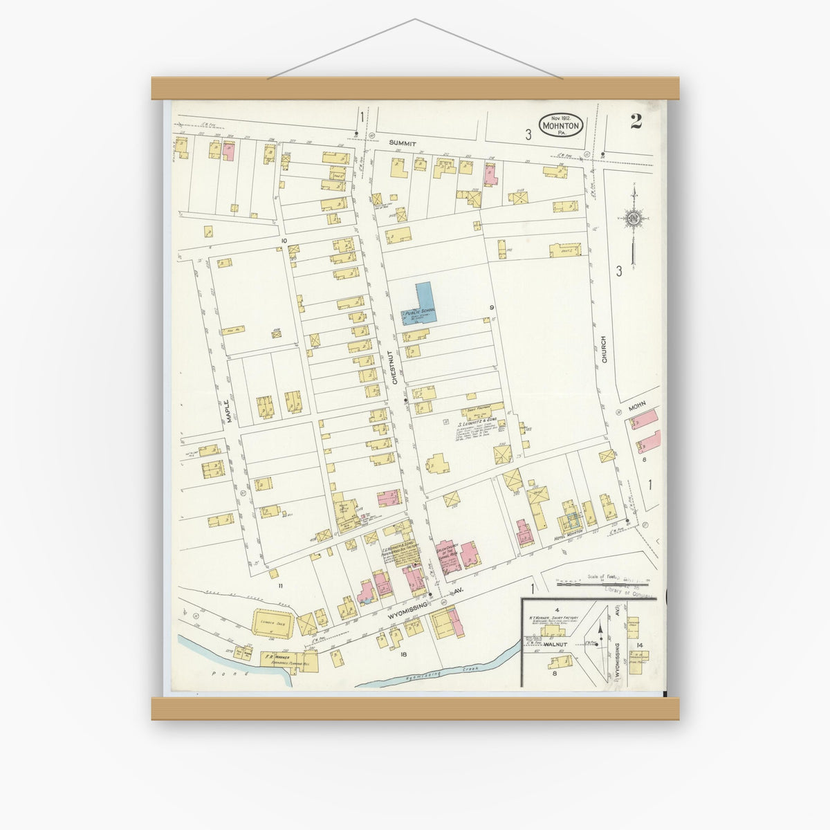 Old map wall art mockup — magnetic wood frame on white wall — Sanborn Fire Insurance Map from Mohnton, Berks County, Pennsylvania (1912), Sheet #0002