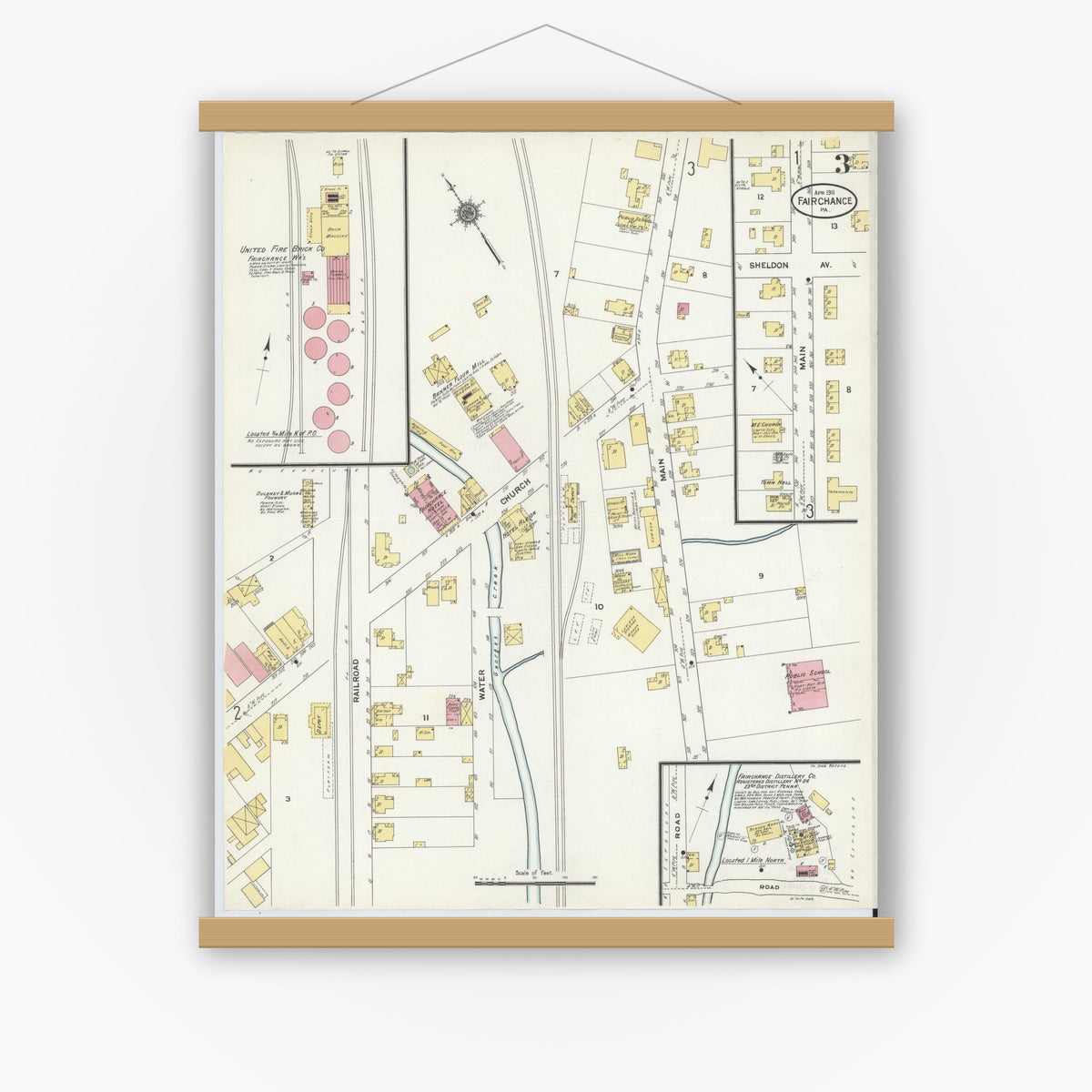 Old map wall art mockup — magnetic wood frame on white wall — Sanborn Fire Insurance Map from Fairchange, Fayette County, Pennsylvania (1911), Sheet #0003