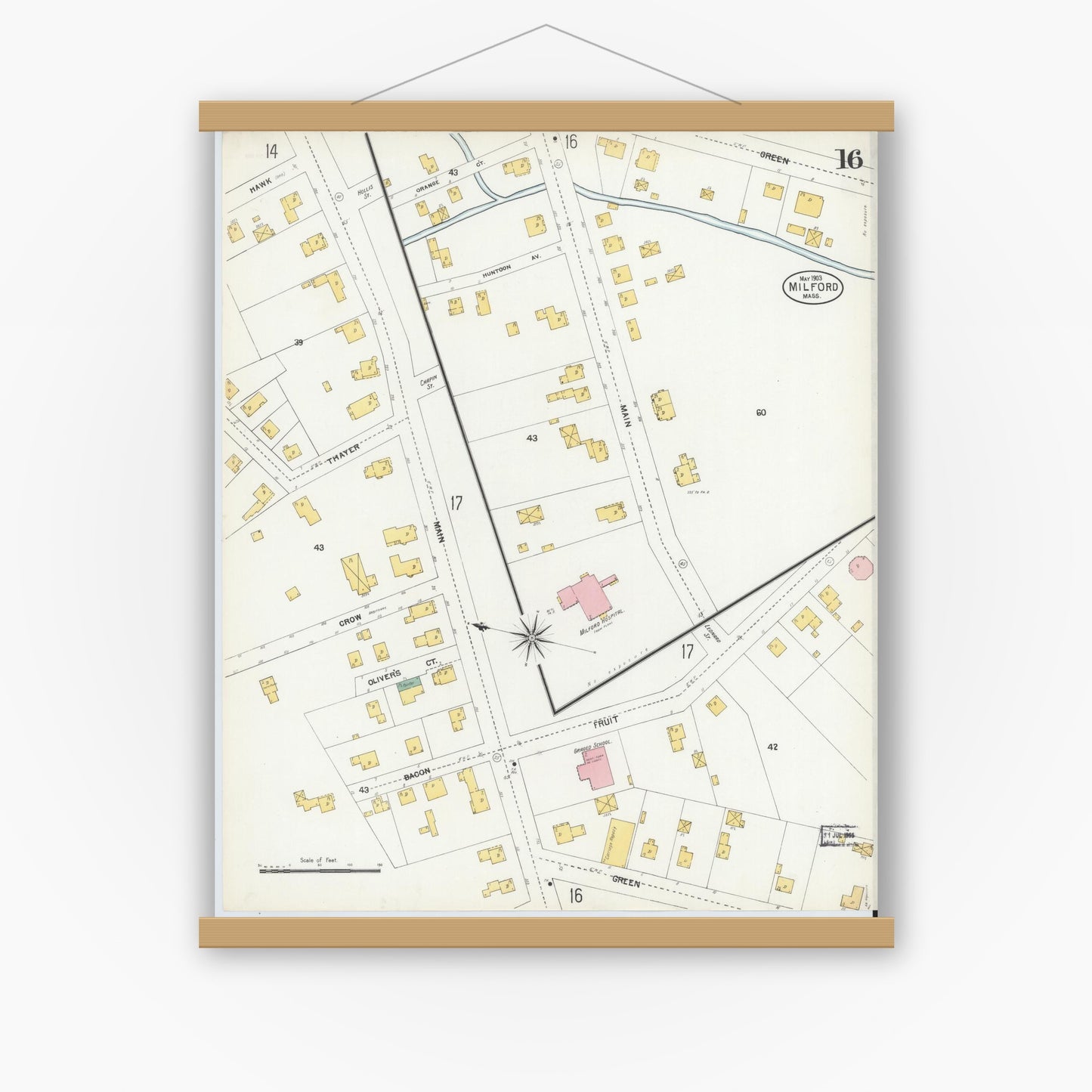 Old map wall art mockup — magnetic wood frame on white wall — Sanborn Fire Insurance Map from Milford, Worcester County, Massachusetts (1903), Sheet #0016
