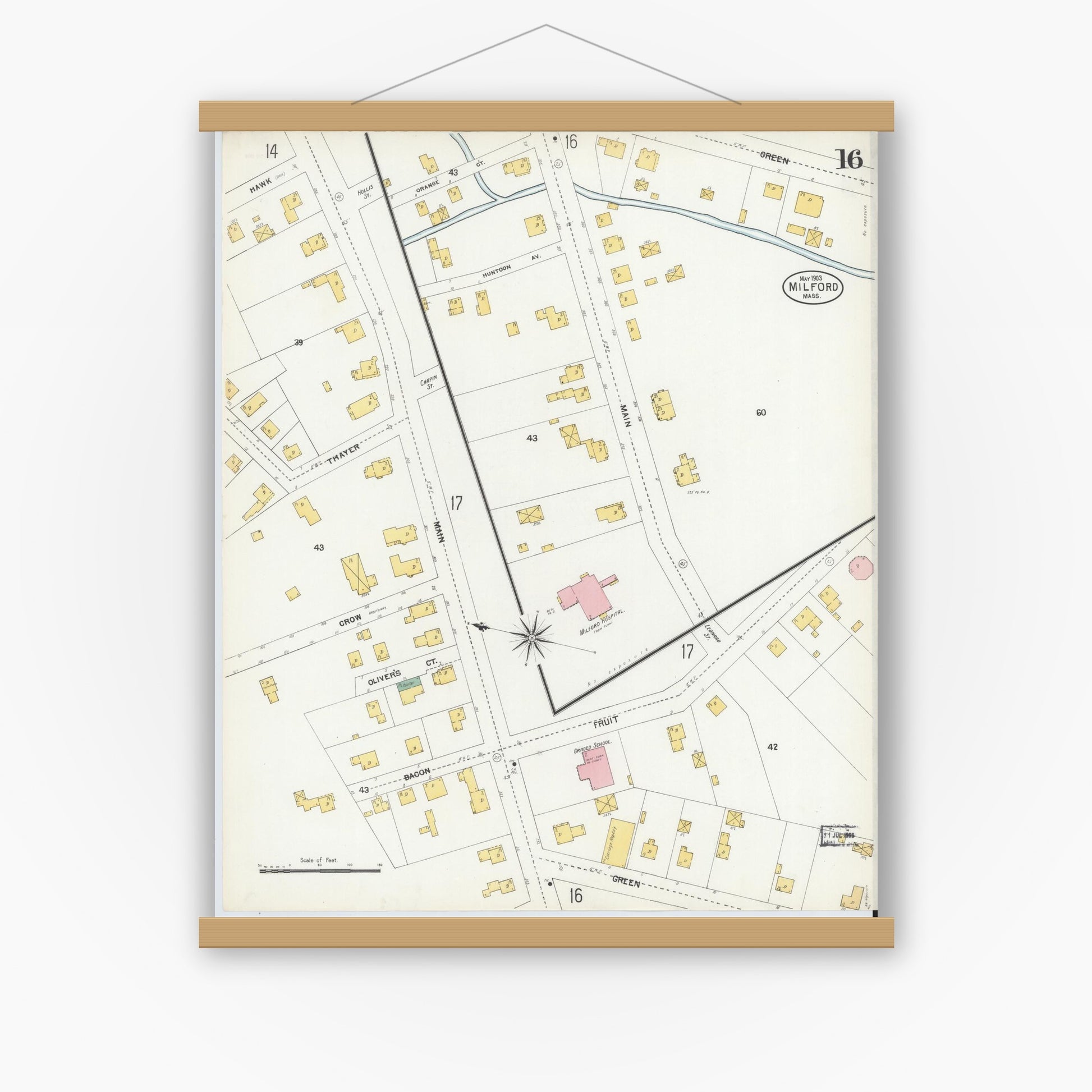 Old map wall art mockup — magnetic wood frame on white wall — Sanborn Fire Insurance Map from Milford, Worcester County, Massachusetts (1903), Sheet #0016