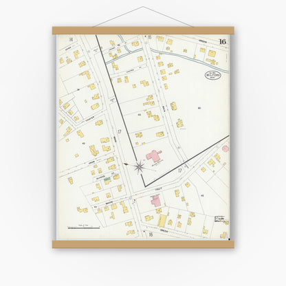 Old map wall art mockup — magnetic wood frame on white wall — Sanborn Fire Insurance Map from Milford, Worcester County, Massachusetts (1903), Sheet #0016