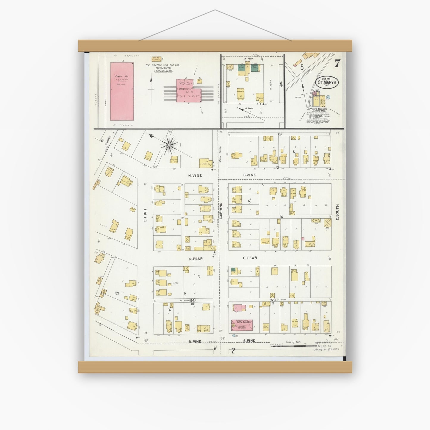 Old map wall art mockup — magnetic wood frame on white wall — Sanborn Fire Insurance Map from Saint Marys, Auglaize County, Ohio (1901), Sheet #0007