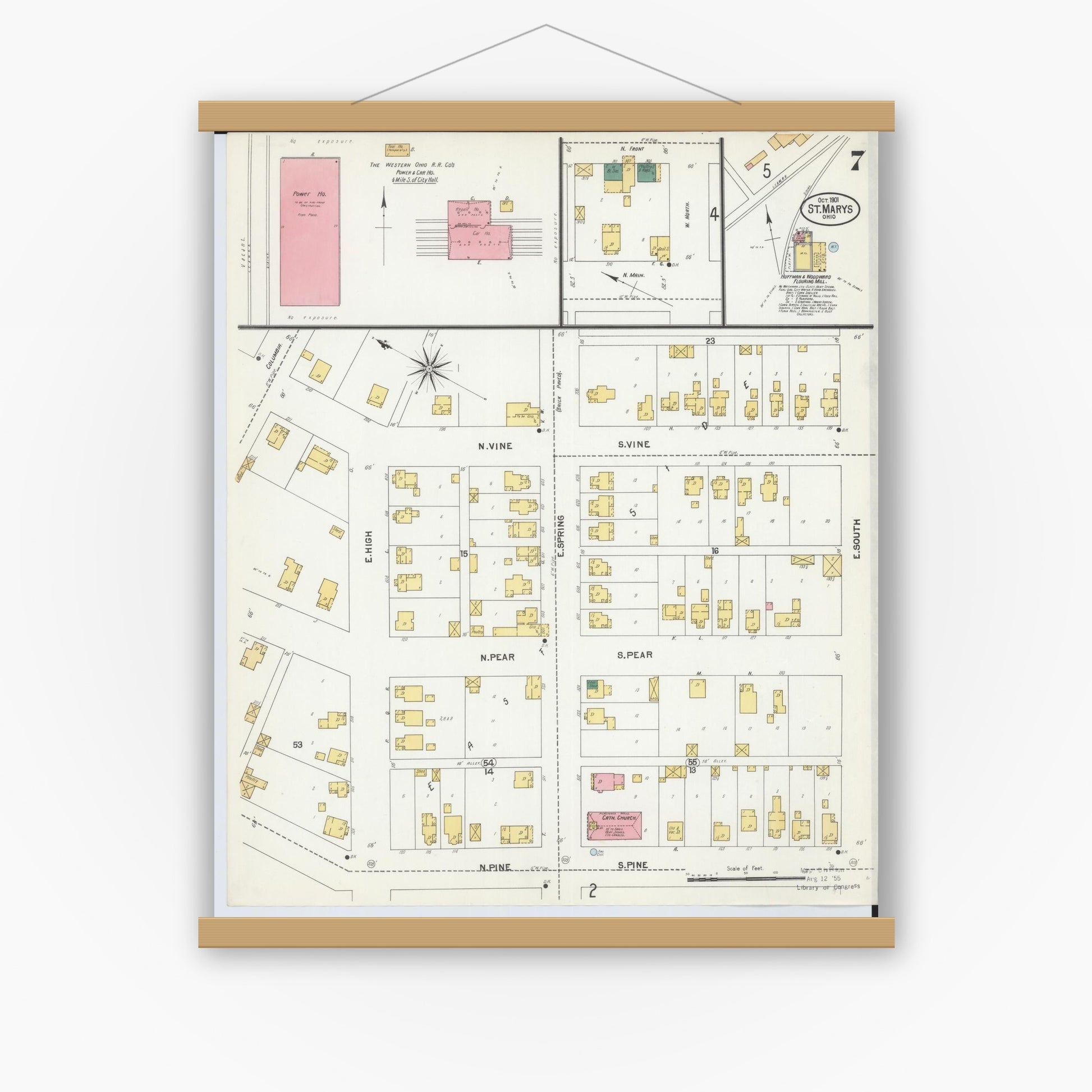 Old map wall art mockup — magnetic wood frame on white wall — Sanborn Fire Insurance Map from Saint Marys, Auglaize County, Ohio (1901), Sheet #0007