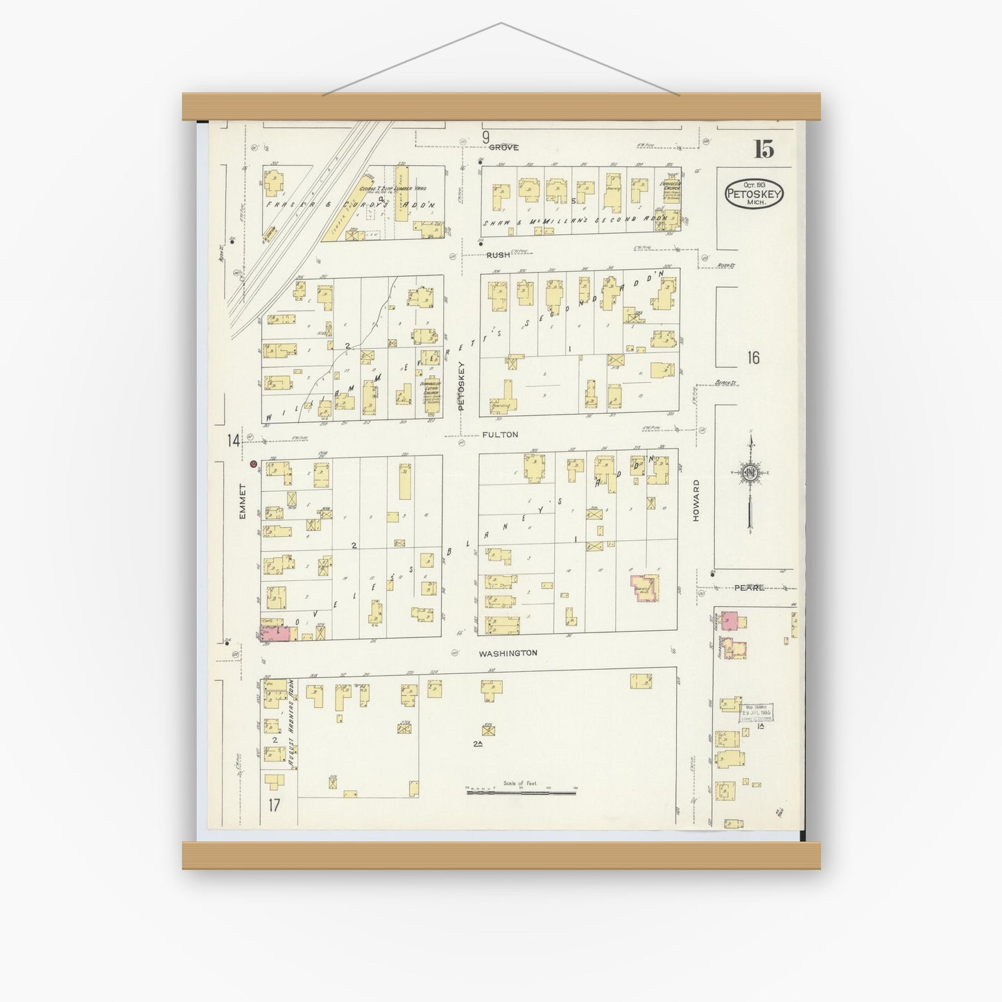 Old map wall art mockup — magnetic wood frame on white wall — Sanborn Fire Insurance Map from Petoskey, Emmet County, Michigan (1913), Sheet #0015