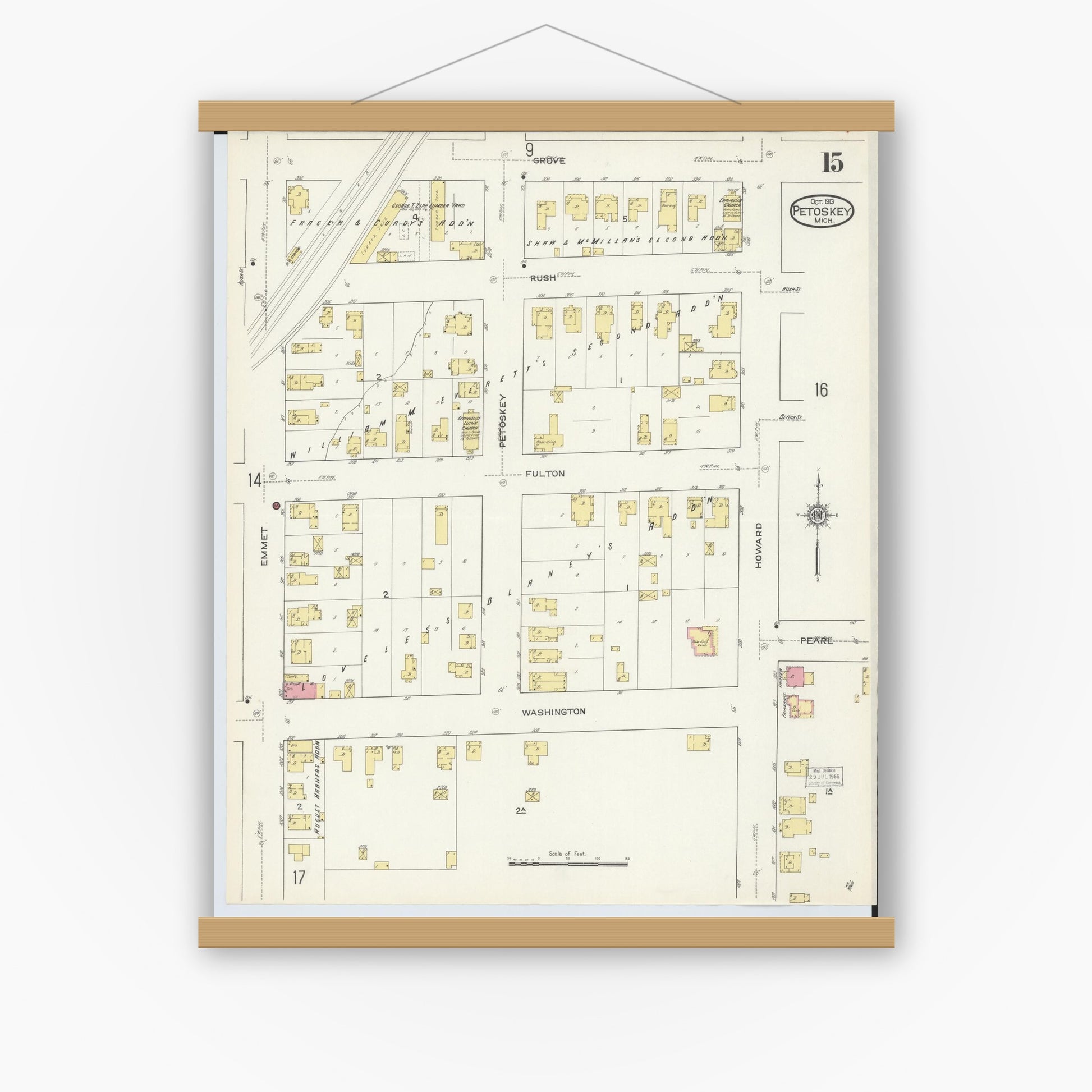 Old map wall art mockup — magnetic wood frame on white wall — Sanborn Fire Insurance Map from Petoskey, Emmet County, Michigan (1913), Sheet #0015