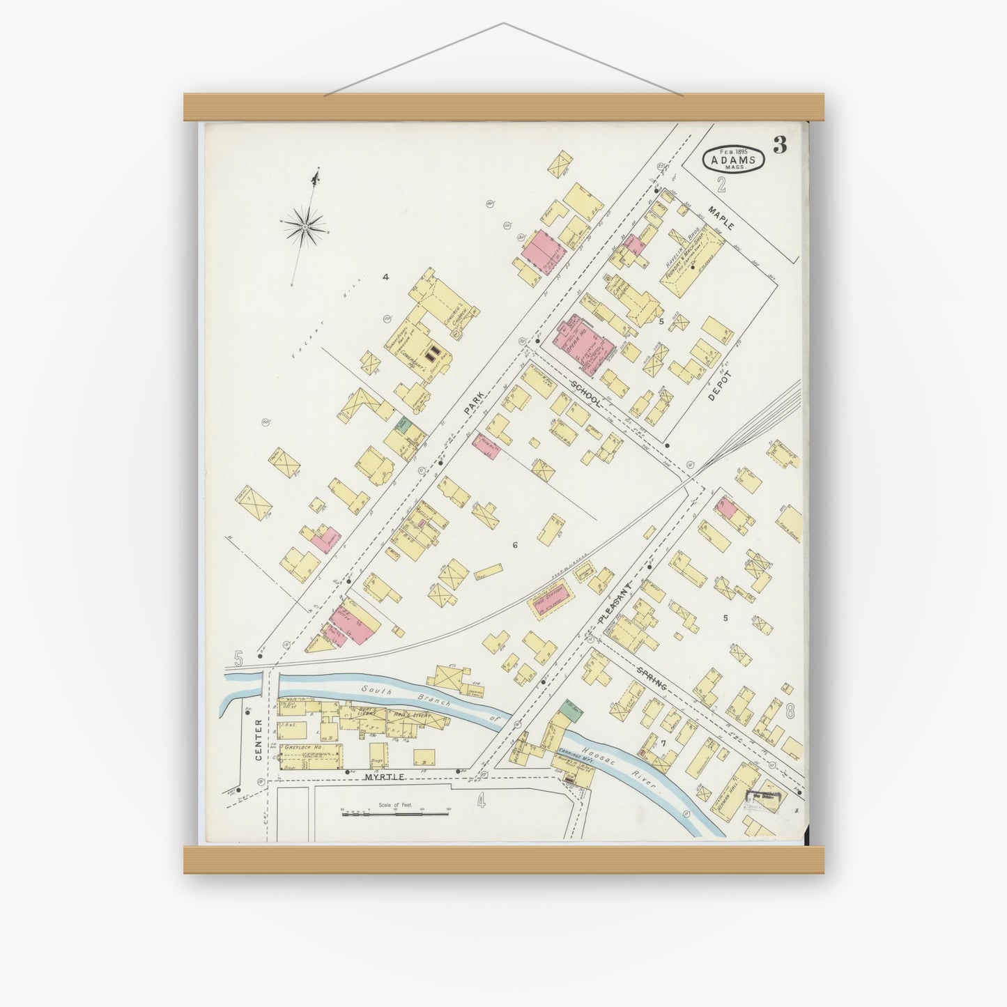 Old map wall art mockup — magnetic wood frame on white wall — Sanborn Fire Insurance Map from Adams, Berkshire County, Massachusetts (1895), Sheet #0003