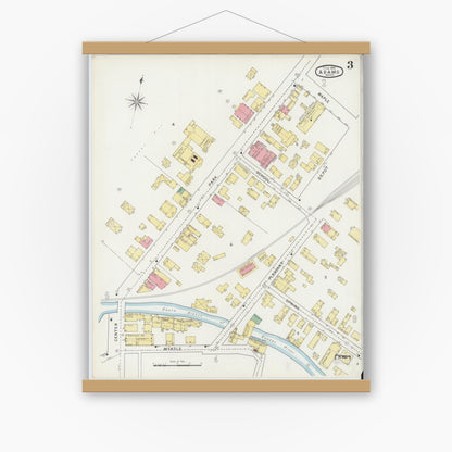 Old map wall art mockup — magnetic wood frame on white wall — Sanborn Fire Insurance Map from Adams, Berkshire County, Massachusetts (1895), Sheet #0003