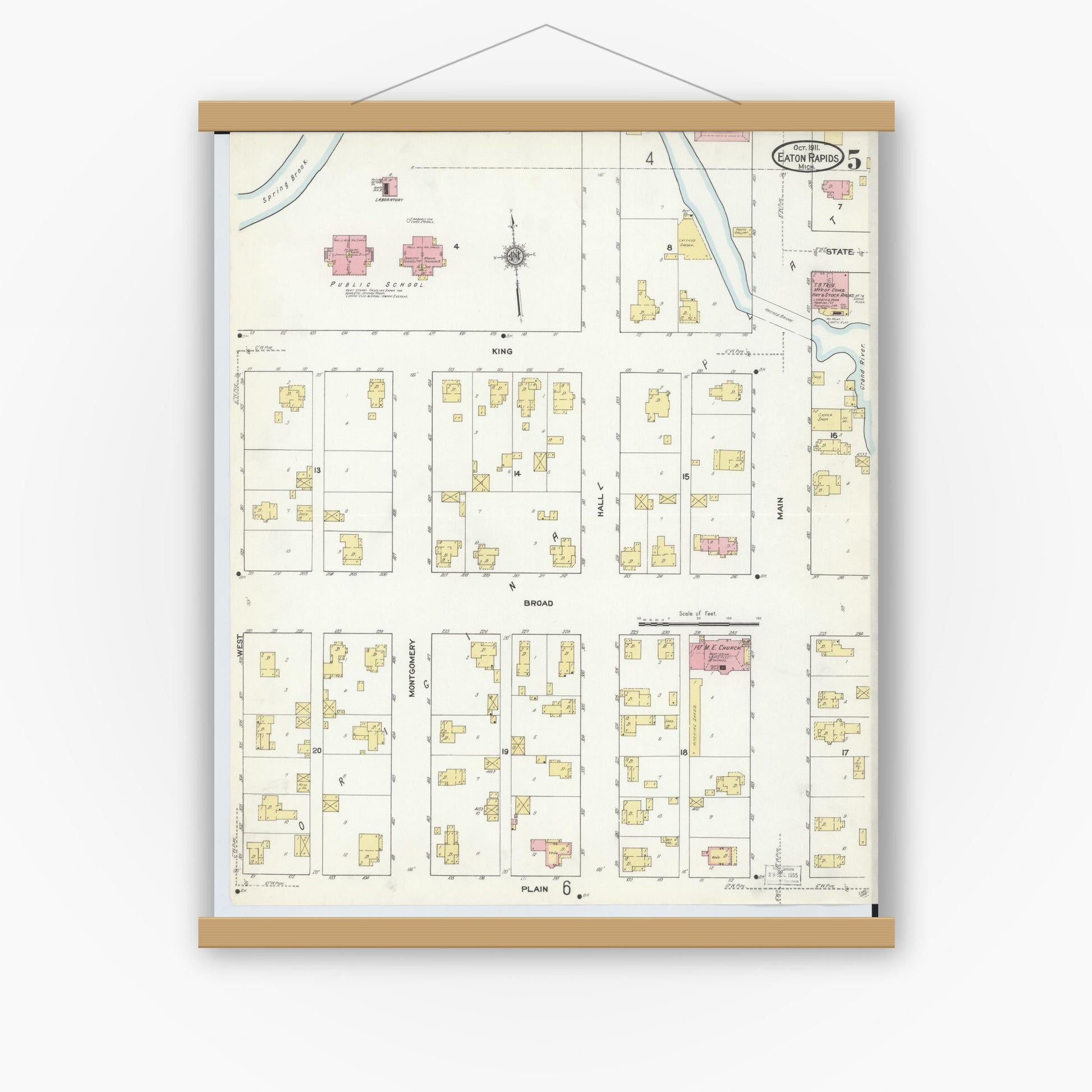 Old map wall art mockup — magnetic wood frame on white wall — Sanborn Fire Insurance Map from Eaton Rapids, Eaton County, Michigan (1911), Sheet #0005