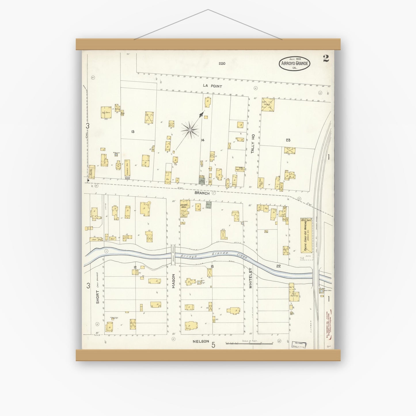 Old map wall art mockup — magnetic wood frame on white wall — Sanborn Fire Insurance Map from Arroyo Grande, San Luis Obispo County, California (1903), Sheet #0002