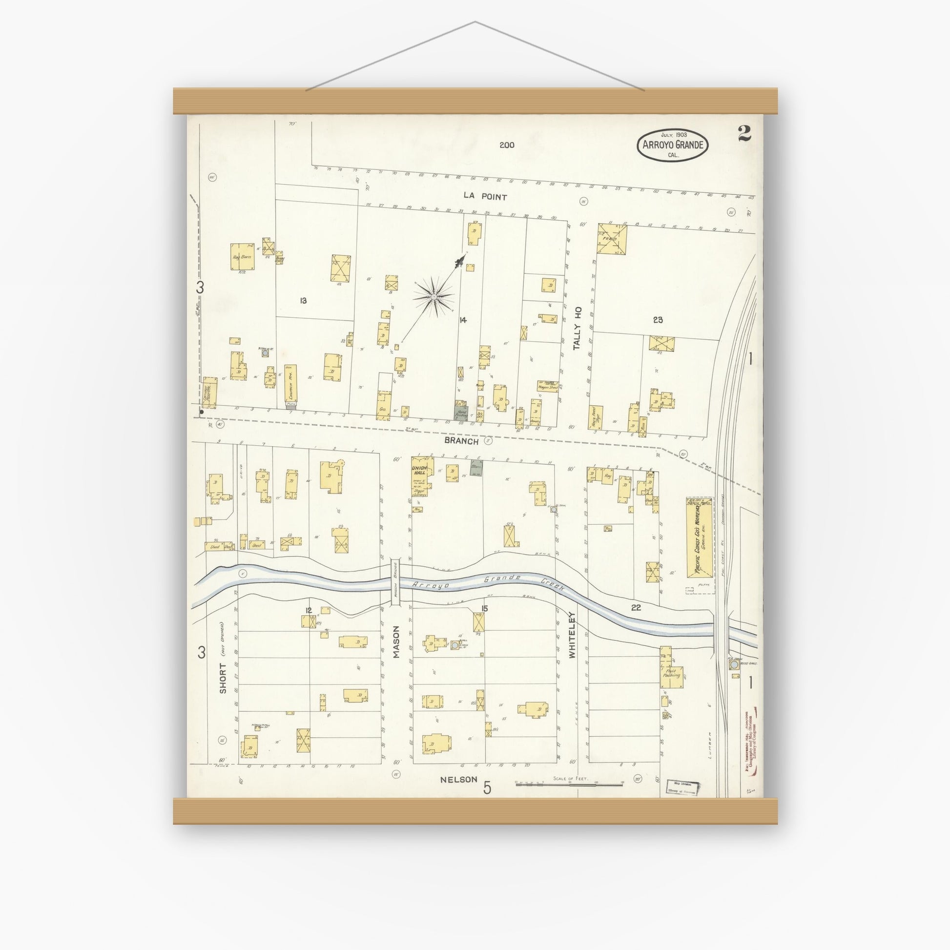 Old map wall art mockup — magnetic wood frame on white wall — Sanborn Fire Insurance Map from Arroyo Grande, San Luis Obispo County, California (1903), Sheet #0002