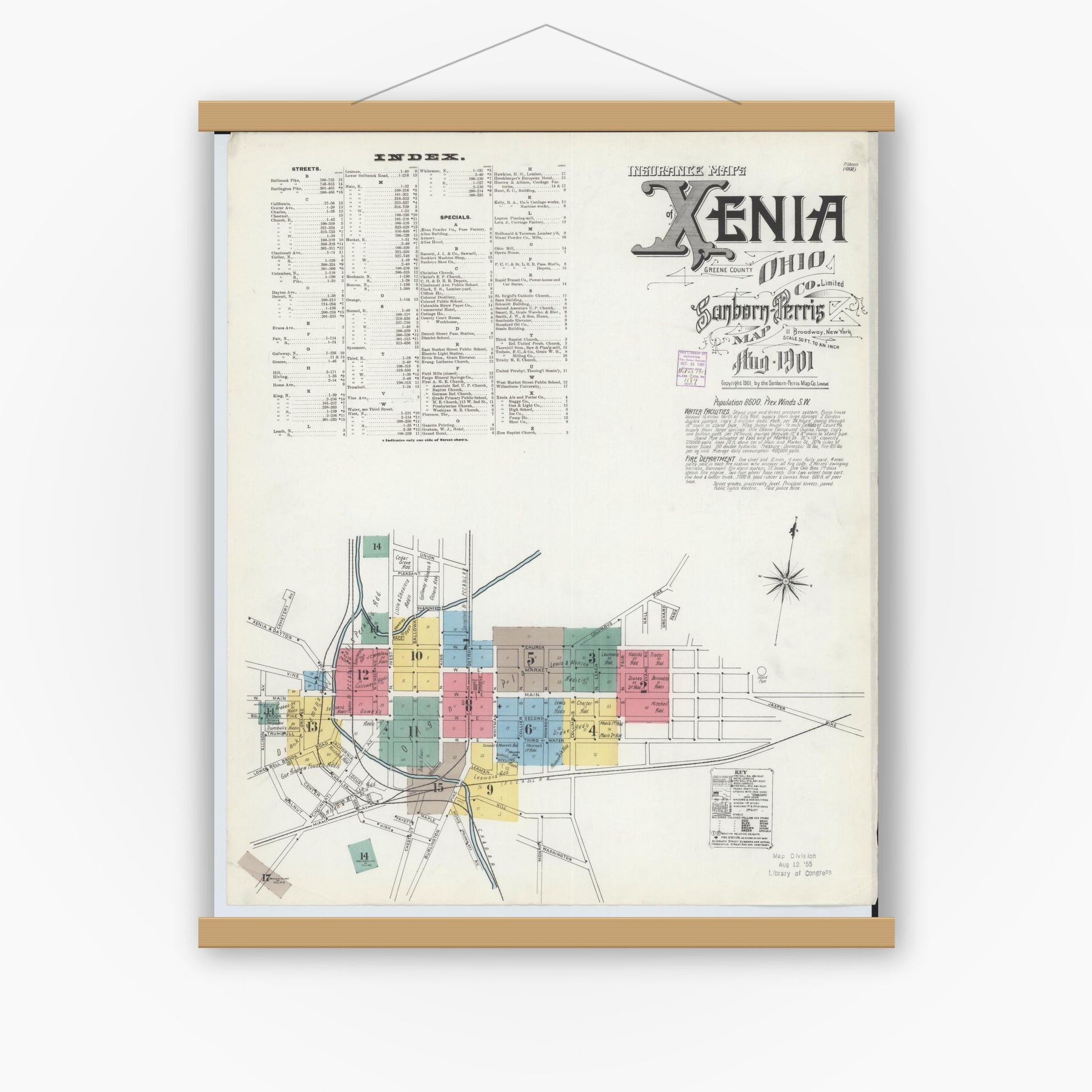Old map wall art mockup — magnetic wood frame on white wall — Sanborn Fire Insurance Map from Xenia, Greene County, Ohio (1901) - Complete Map Set