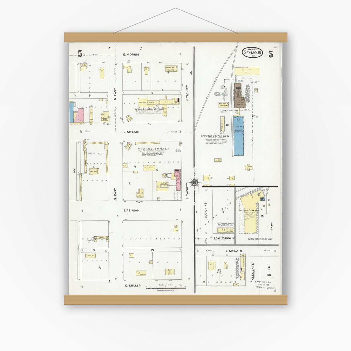 Old map wall art mockup — magnetic wood frame on white wall — Sanborn Fire Insurance Map from Seymour, Baylor County, Texas (1925), Sheet #0005