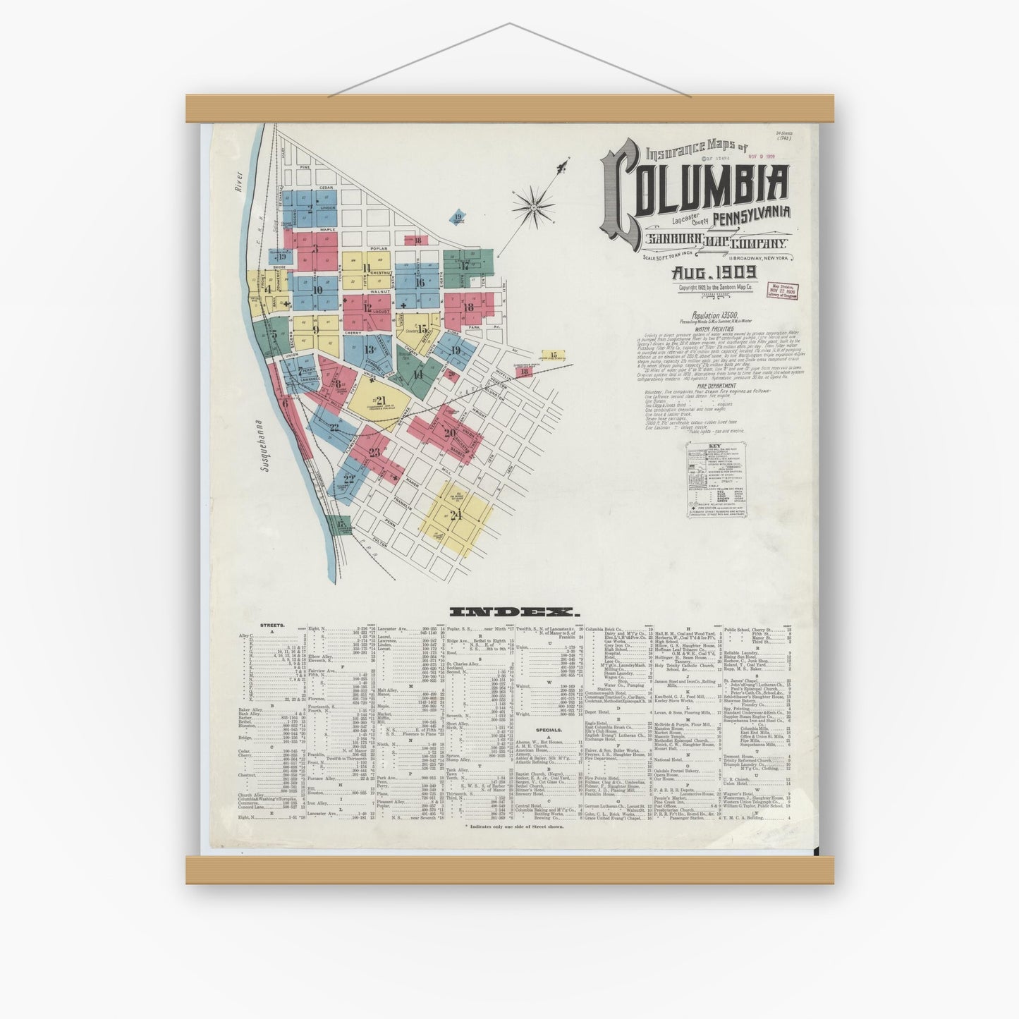 Old map wall art mockup — magnetic wood frame on white wall — Sanborn Fire Insurance Map from Columbia, Lancaster County, Pennsylvania (1909), Sheet #0001