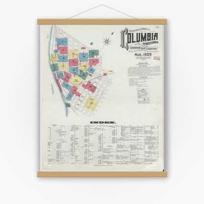 Old map wall art mockup — magnetic wood frame on white wall — Sanborn Fire Insurance Map from Columbia, Lancaster County, Pennsylvania (1909), Sheet #0001