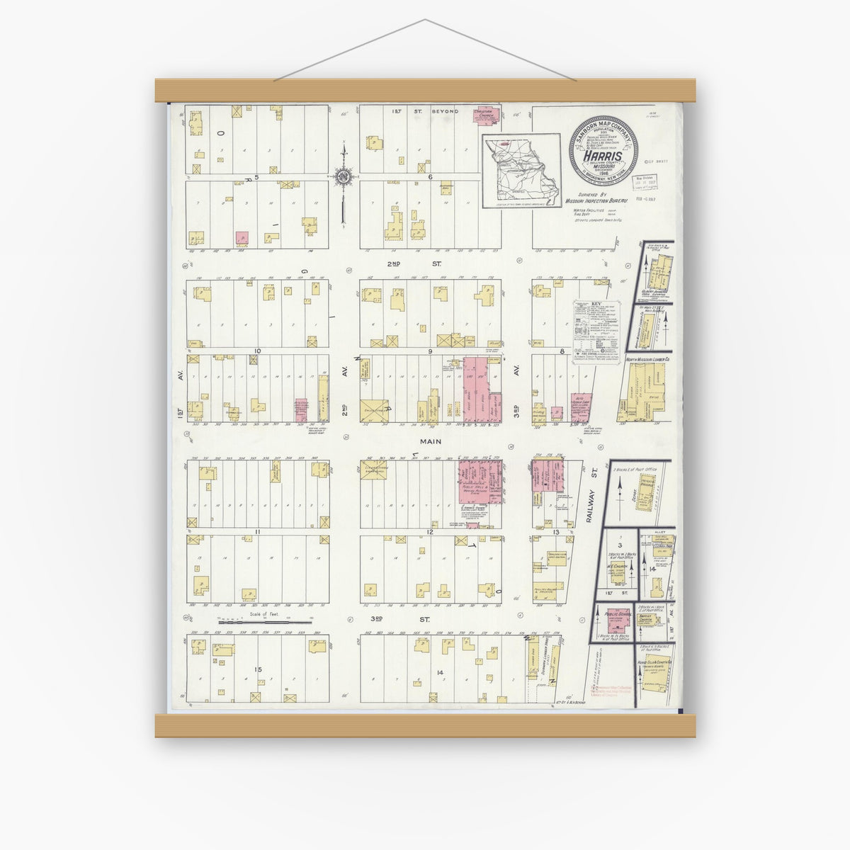 Old map wall art mockup — magnetic wood frame on white wall — Sanborn Fire Insurance Map from Harris, Sullivan County, Missouri (1916), Sheet #0001