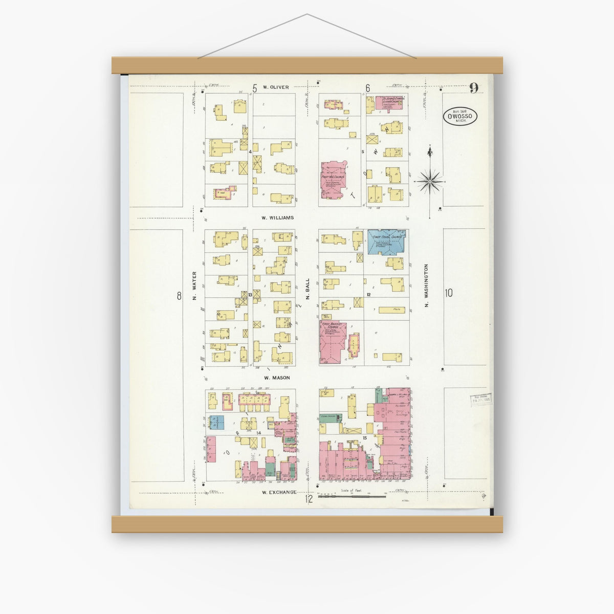 Old map wall art mockup — magnetic wood frame on white wall — Sanborn Fire Insurance Map from Owosso, Shiawassee County, Michigan (1908), Sheet #0009