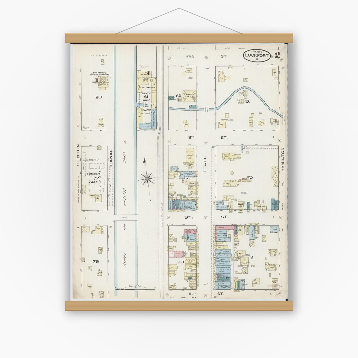 Old map wall art mockup — magnetic wood frame on white wall — Sanborn Fire Insurance Map from Lockport, Will County, Illinois (1886), Sheet #0002