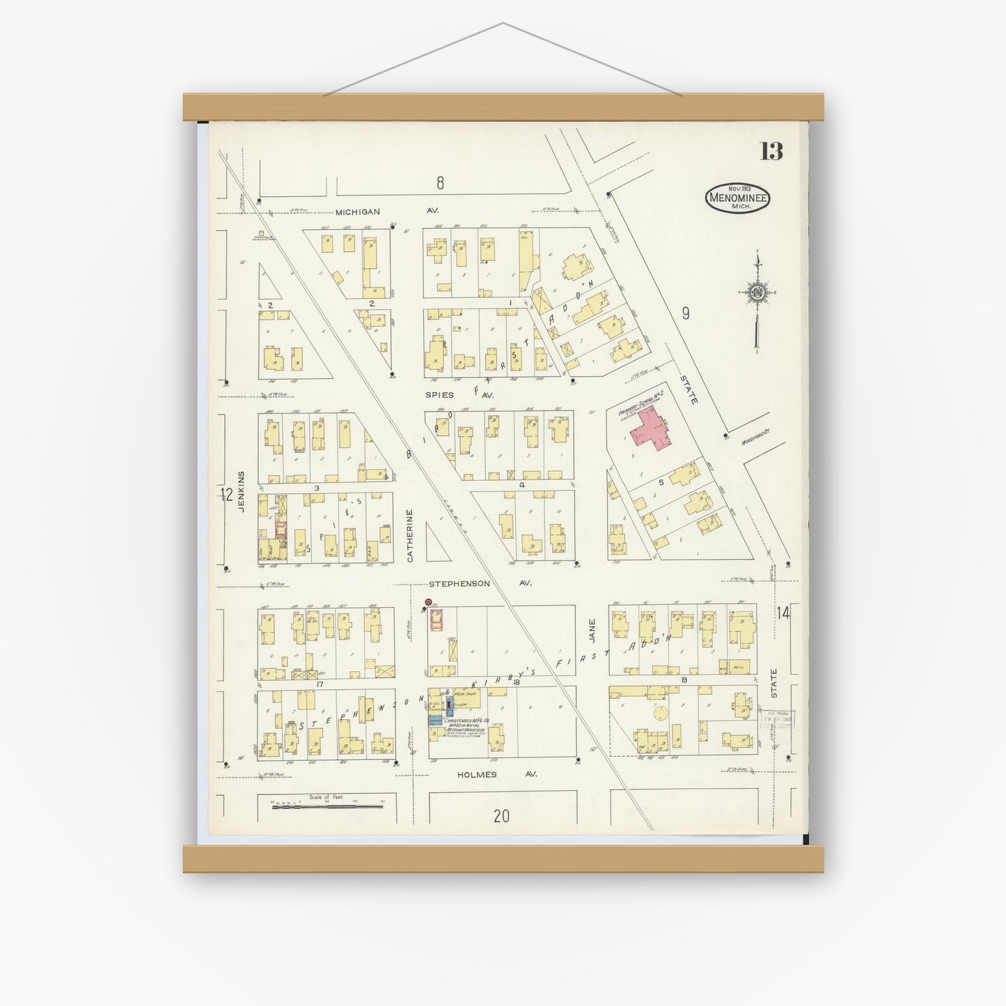 Old map wall art mockup — magnetic wood frame on white wall — Sanborn Fire Insurance Map from Menominee, Menominee County, Michigan (1913), Sheet #0013