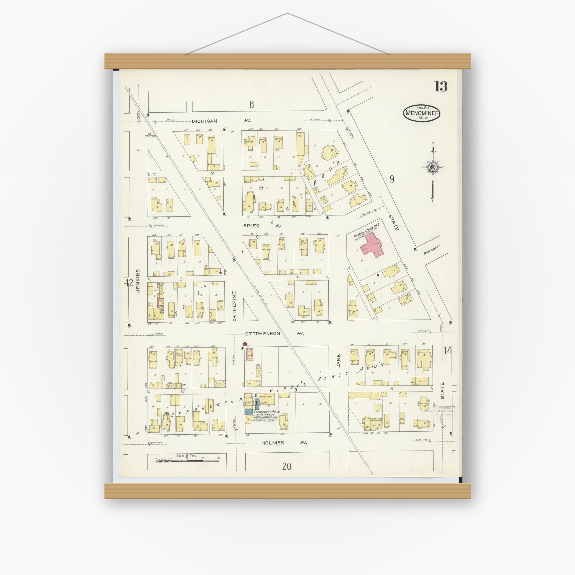 Old map wall art mockup — magnetic wood frame on white wall — Sanborn Fire Insurance Map from Menominee, Menominee County, Michigan (1913), Sheet #0013