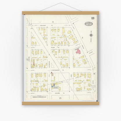 Old map wall art mockup — magnetic wood frame on white wall — Sanborn Fire Insurance Map from Menominee, Menominee County, Michigan (1913), Sheet #0013