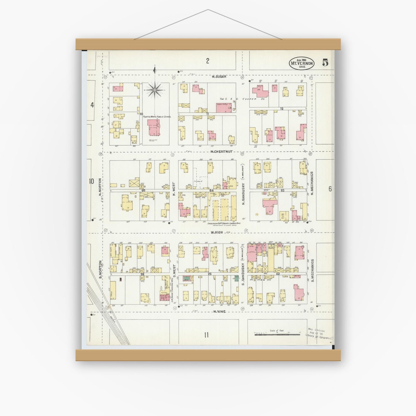 Old map wall art mockup — magnetic wood frame on white wall — Sanborn Fire Insurance Map from Mount Vernon, Knox County, Ohio (1903), Sheet #0005