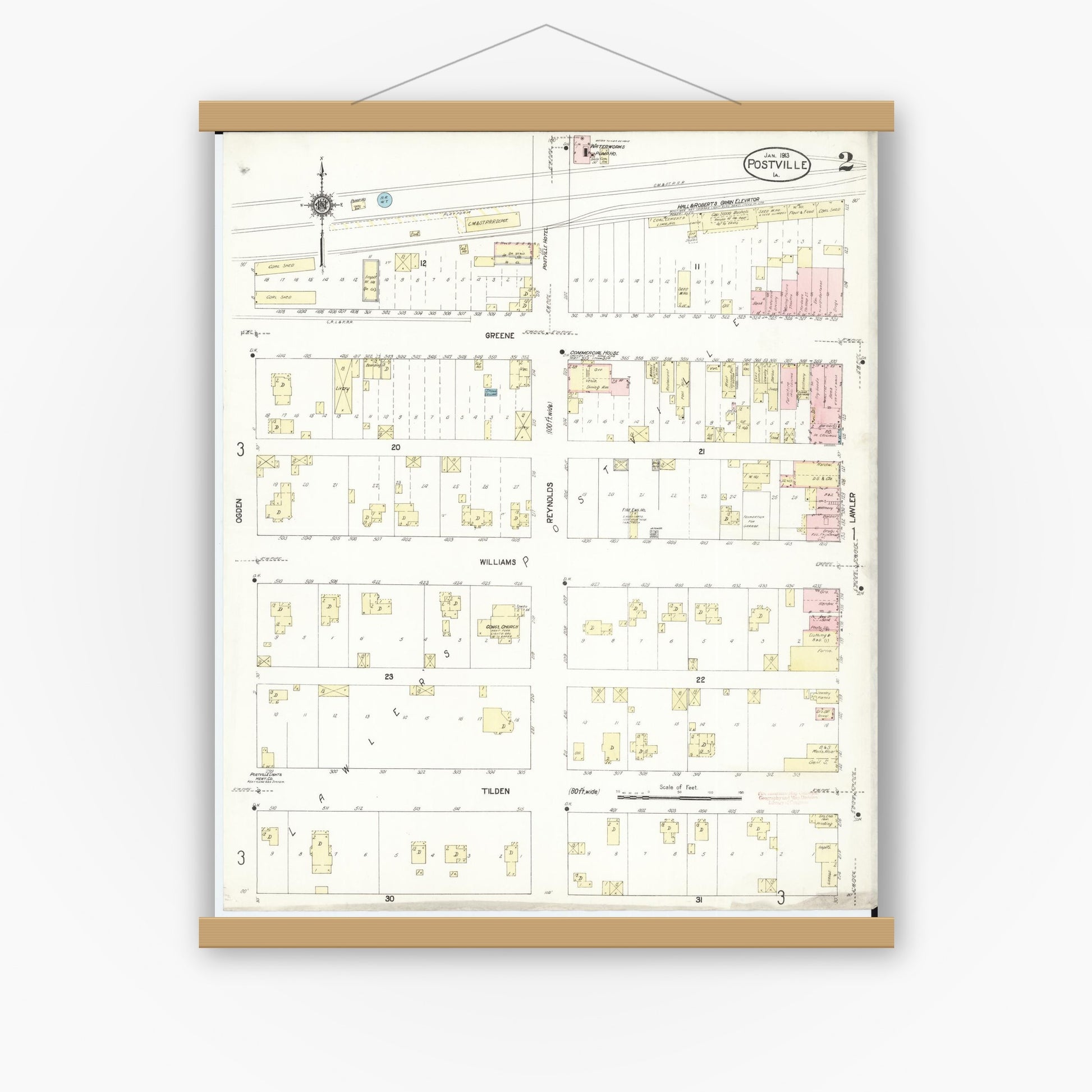 Old map wall art mockup — magnetic wood frame on white wall — Sanborn Fire Insurance Map from Postville, Allamakee County, Iowa (1913), Sheet #0002