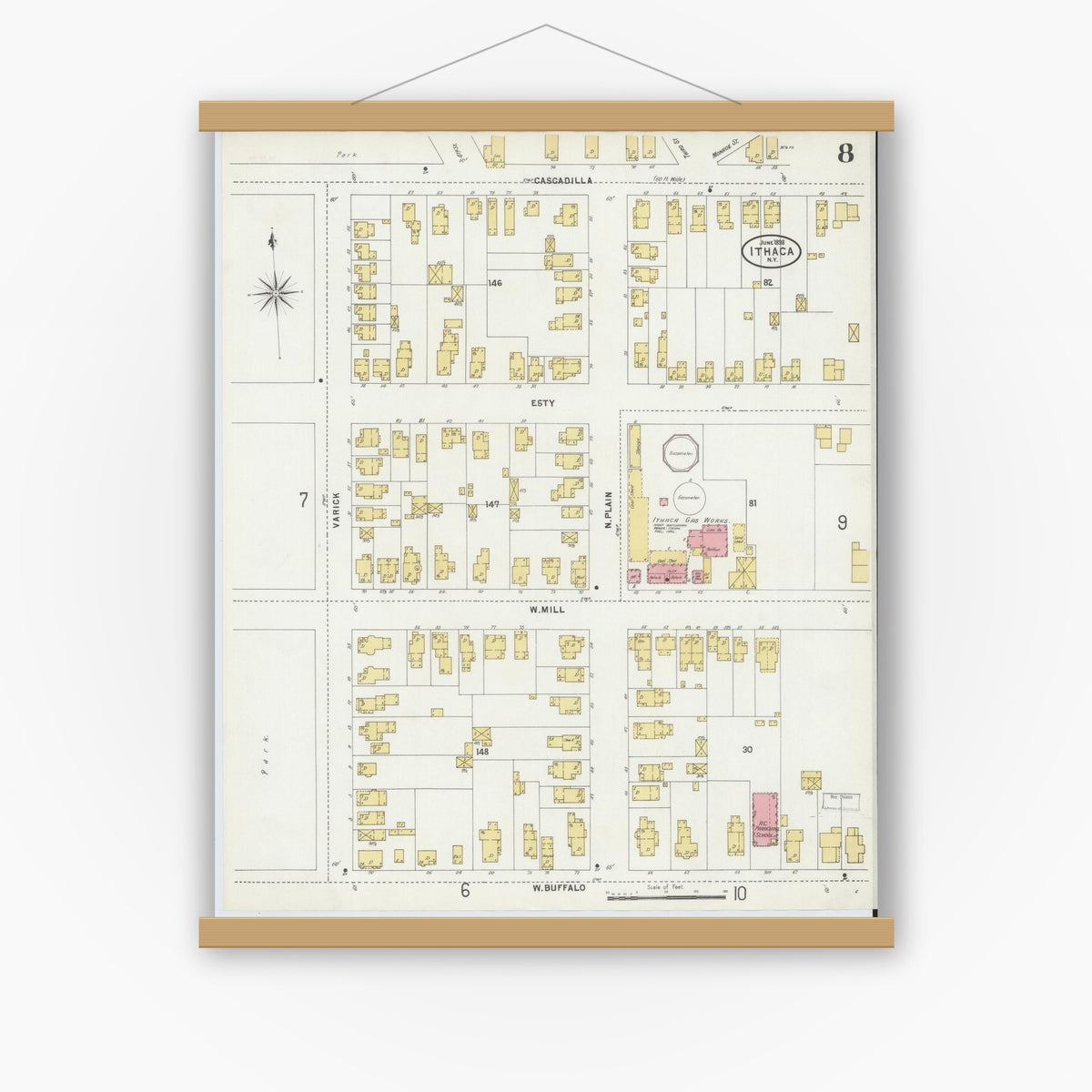 Old map wall art mockup — magnetic wood frame on white wall — Sanborn Fire Insurance Map from Ithaca, Tompkins County, New York (1898), Sheet #0008