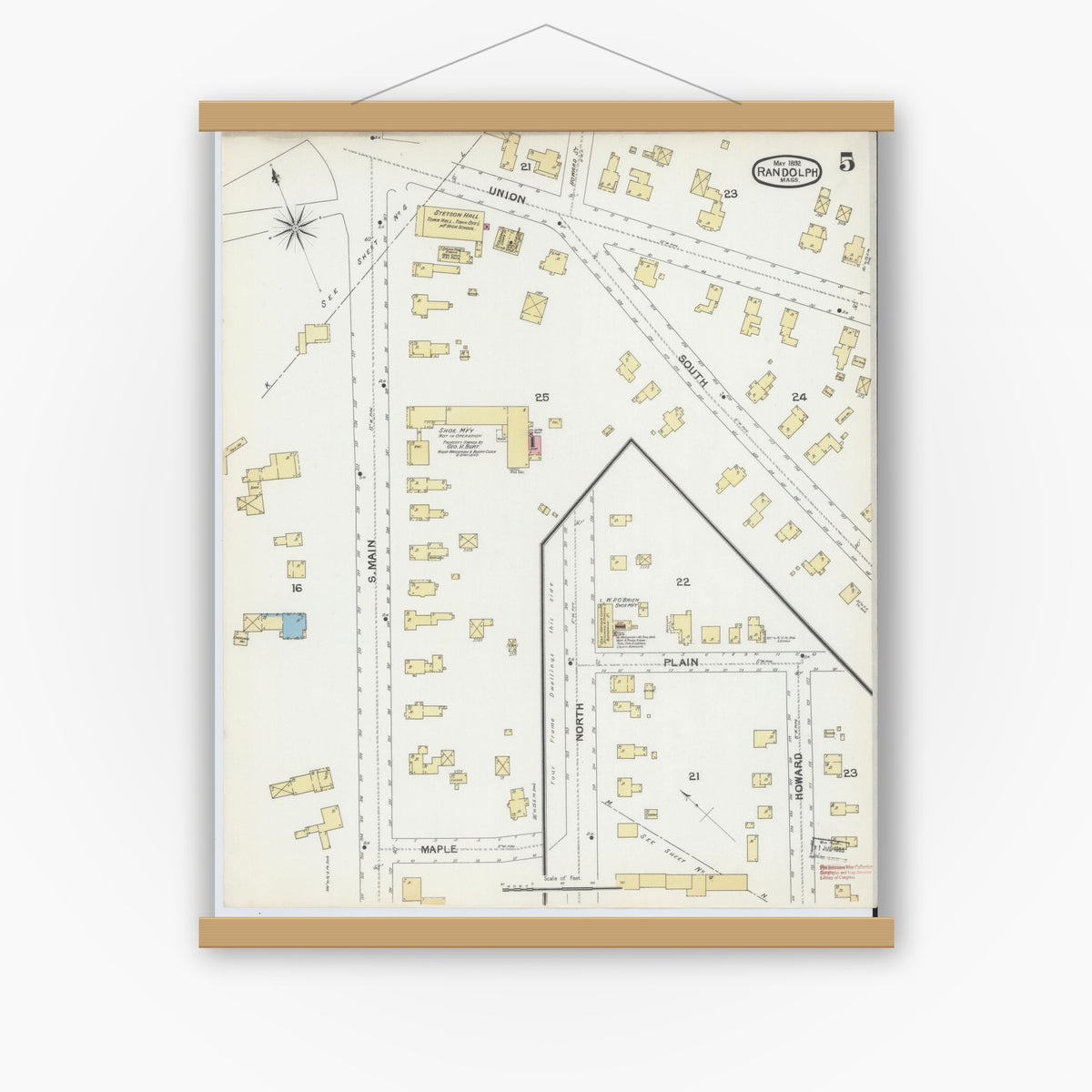 Old map wall art mockup — magnetic wood frame on white wall — Sanborn Fire Insurance Map from Randolph, Norfolk County, Massachusetts (1892), Sheet #0005