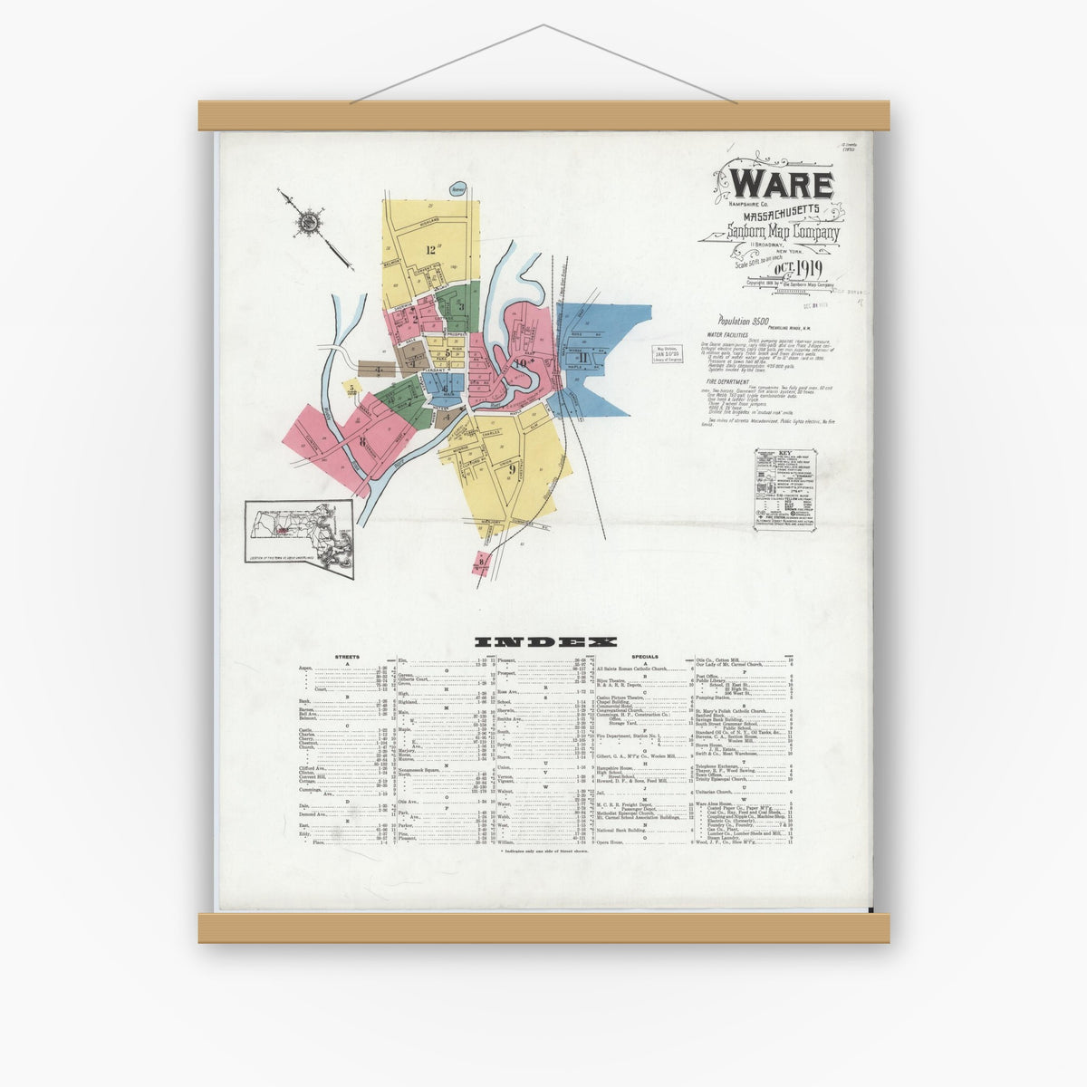 Old map wall art mockup — magnetic wood frame on white wall — Sanborn Fire Insurance Map from Ware, Hampshire County, Massachusetts (1919), Sheet #0001