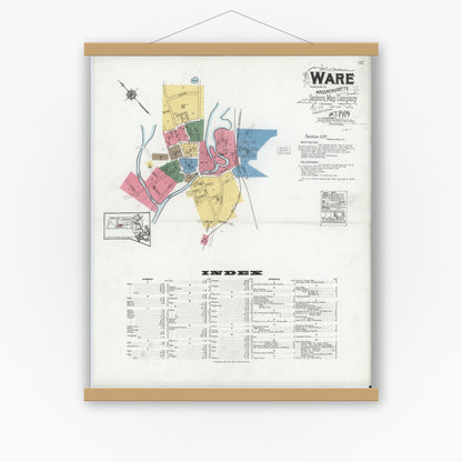 Old map wall art mockup — magnetic wood frame on white wall — Sanborn Fire Insurance Map from Ware, Hampshire County, Massachusetts (1919), Sheet #0001
