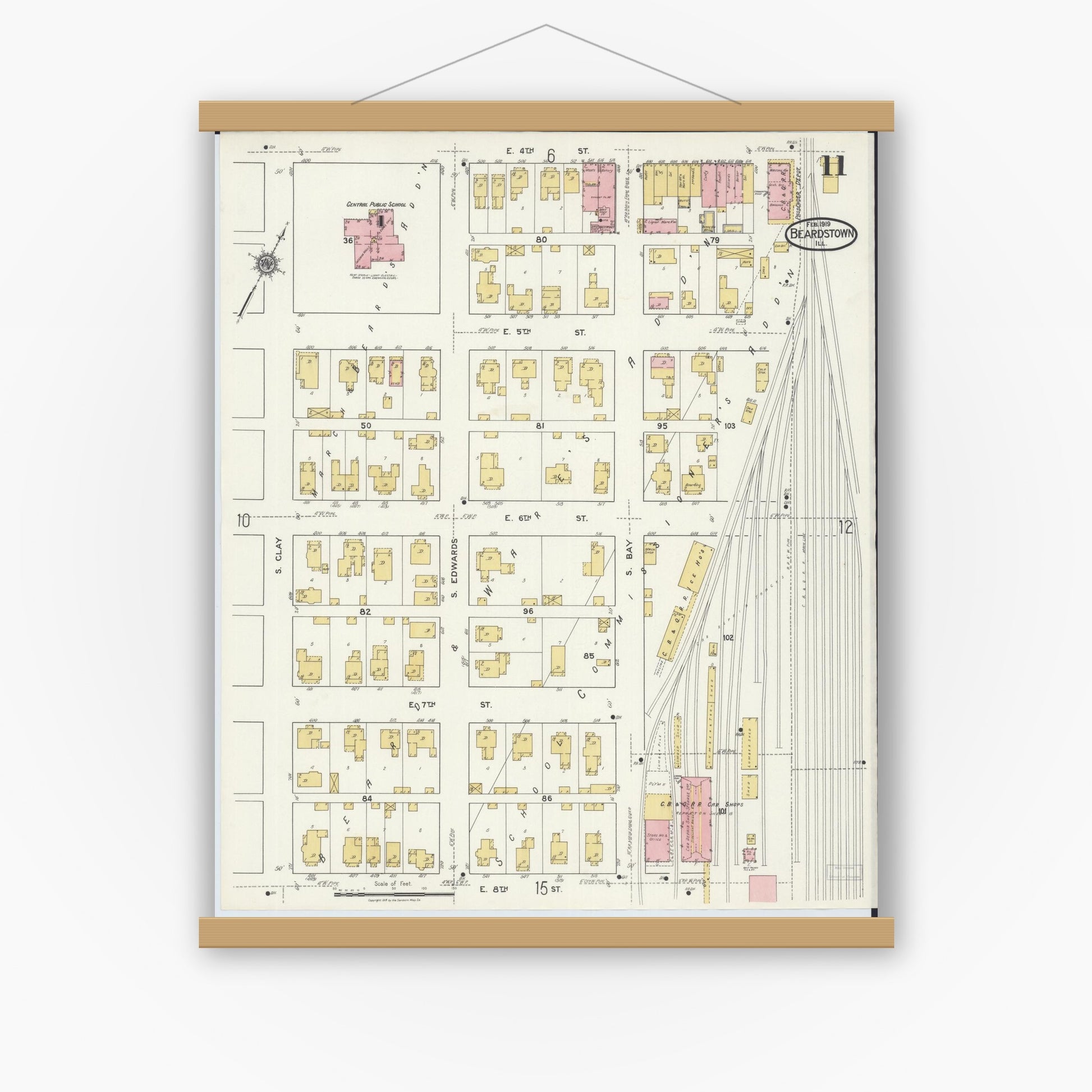 Old map wall art mockup — magnetic wood frame on white wall — Sanborn Fire Insurance Map from Beardstown, Cass County, Illinois (1919), Sheet #0011
