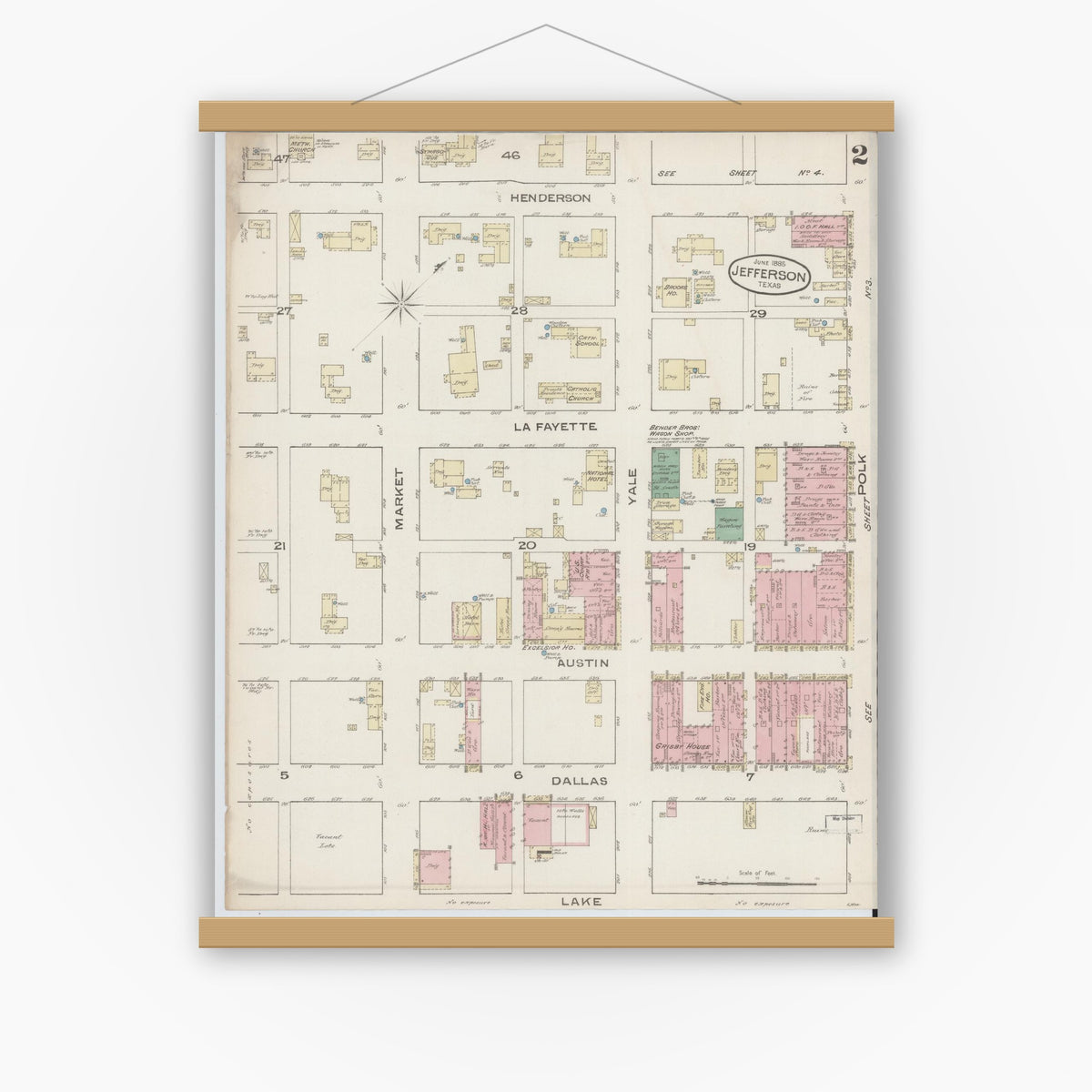 Old map wall art mockup — magnetic wood frame on white wall — Sanborn Fire Insurance Map from Jefferson, Marion County, Texas (1885), Sheet #0002