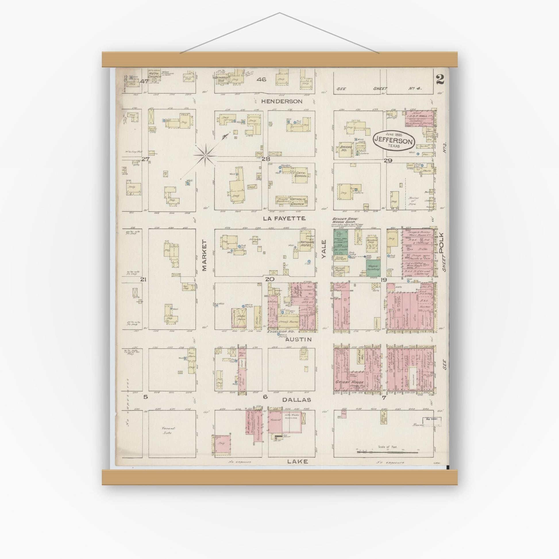 Old map wall art mockup — magnetic wood frame on white wall — Sanborn Fire Insurance Map from Jefferson, Marion County, Texas (1885), Sheet #0002
