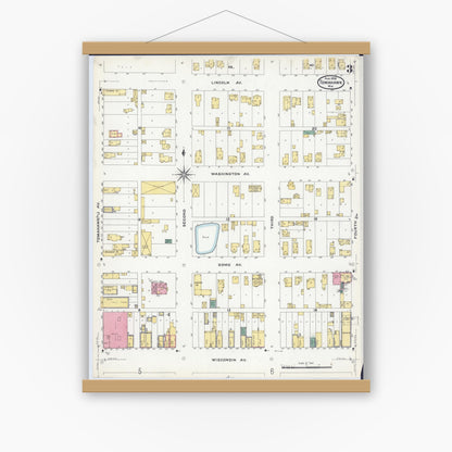 Old map wall art mockup — magnetic wood frame on white wall — Sanborn Fire Insurance Map from Tomahawk, Lincoln County, Wisconsin (1908), Sheet #0003
