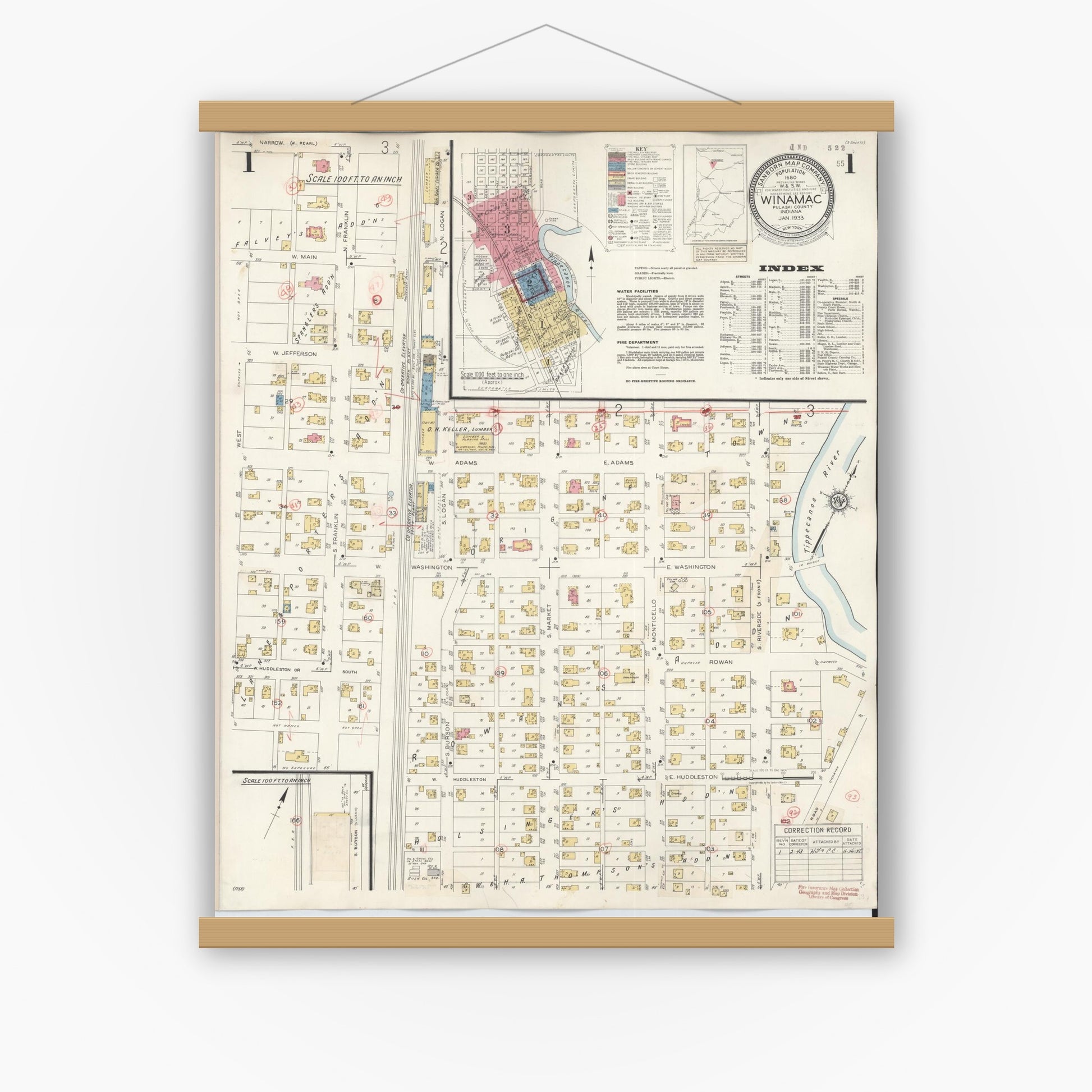 Old map wall art mockup — magnetic wood frame on white wall — Sanborn Fire Insurance Map from Winamac, Pulaski County, Indiana (1943) - Complete Map Set