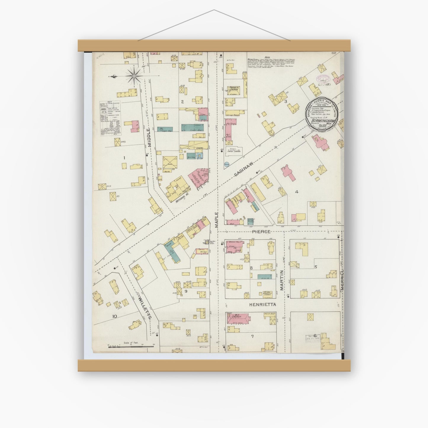 Old map wall art mockup — magnetic wood frame on white wall — Sanborn Fire Insurance Map from Birmingham, Oakland County, Michigan (1893), Sheet #0001