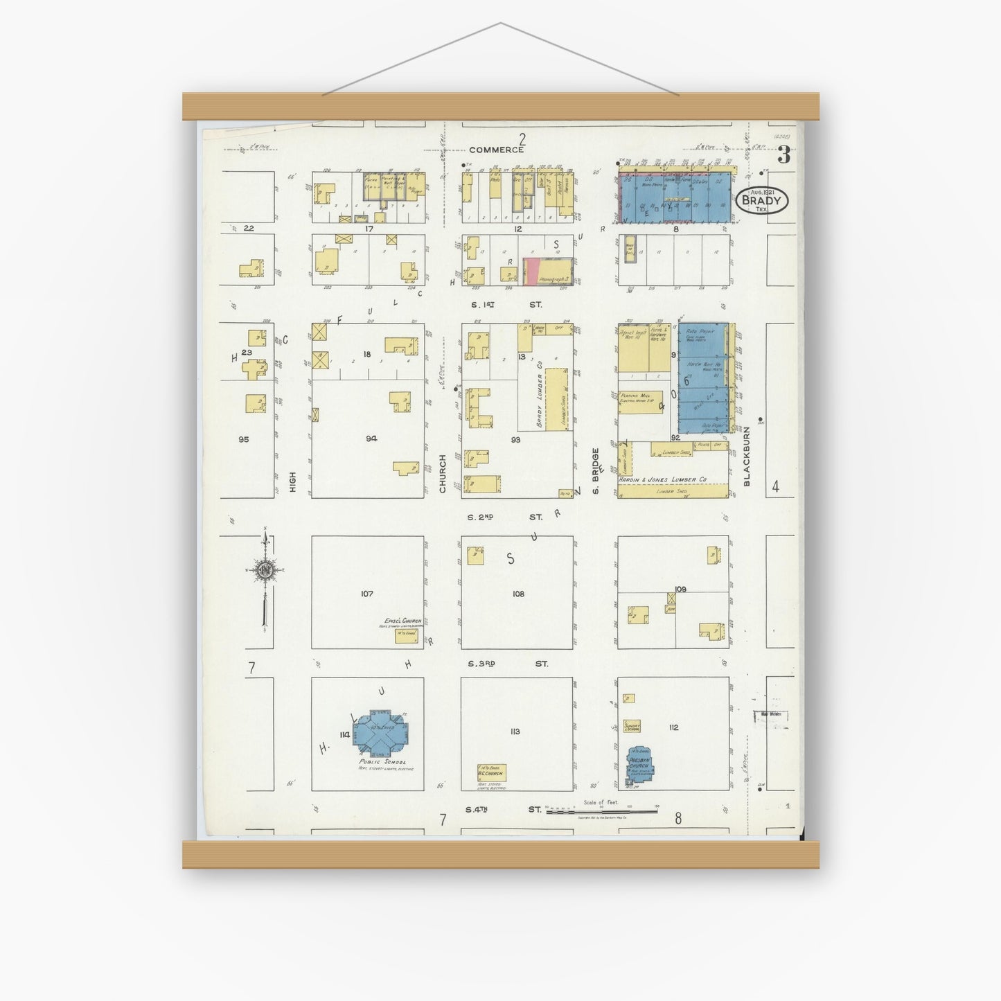 Old map wall art mockup — magnetic wood frame on white wall — Sanborn Fire Insurance Map from Brady, McCulloch County, Texas (1921), Sheet #0003