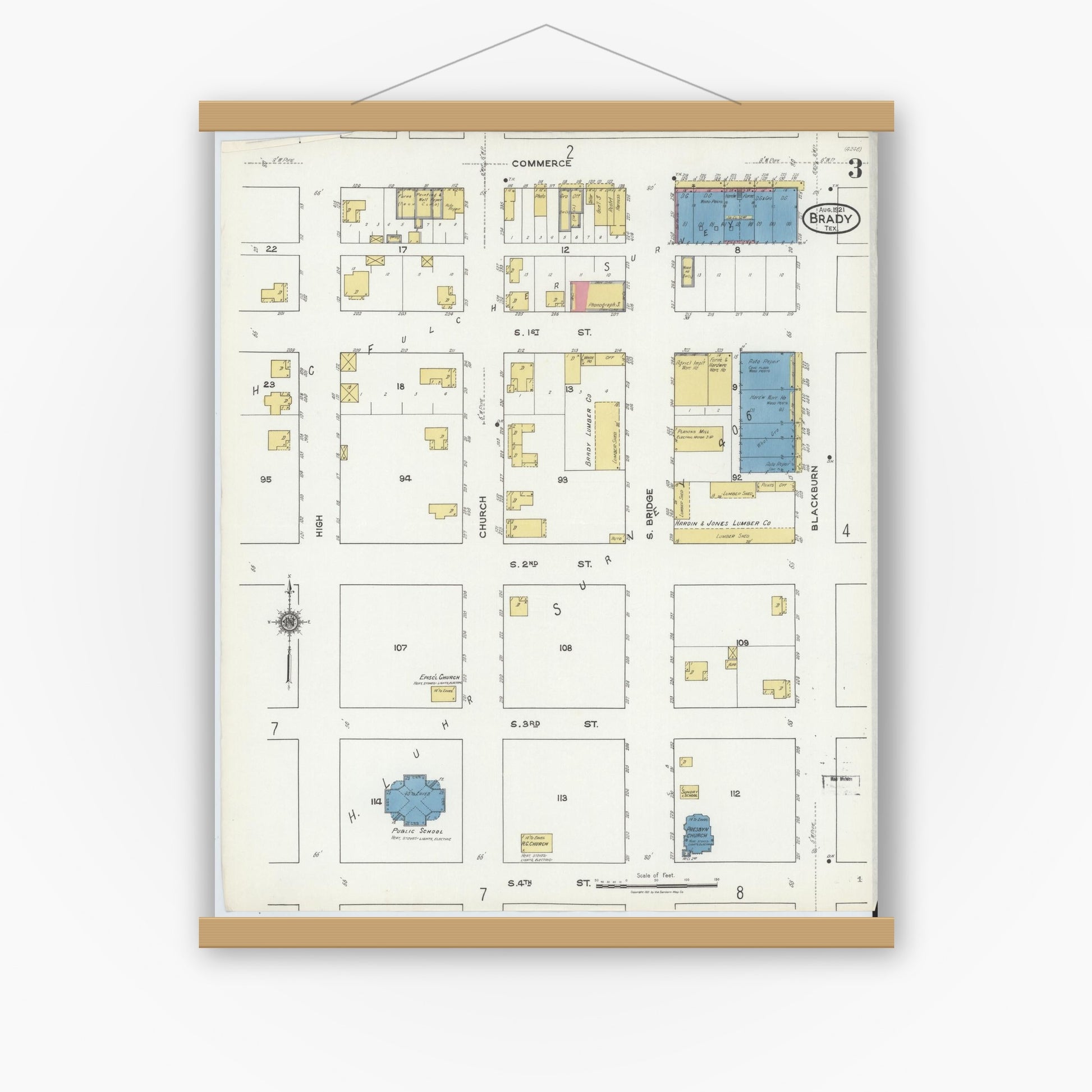 Old map wall art mockup — magnetic wood frame on white wall — Sanborn Fire Insurance Map from Brady, McCulloch County, Texas (1921), Sheet #0003