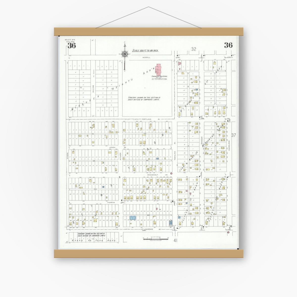 Old map wall art mockup — magnetic wood frame on white wall — Sanborn Fire Insurance Map from Beloit, Rock County, Wisconsin (1939), Sheet #0036