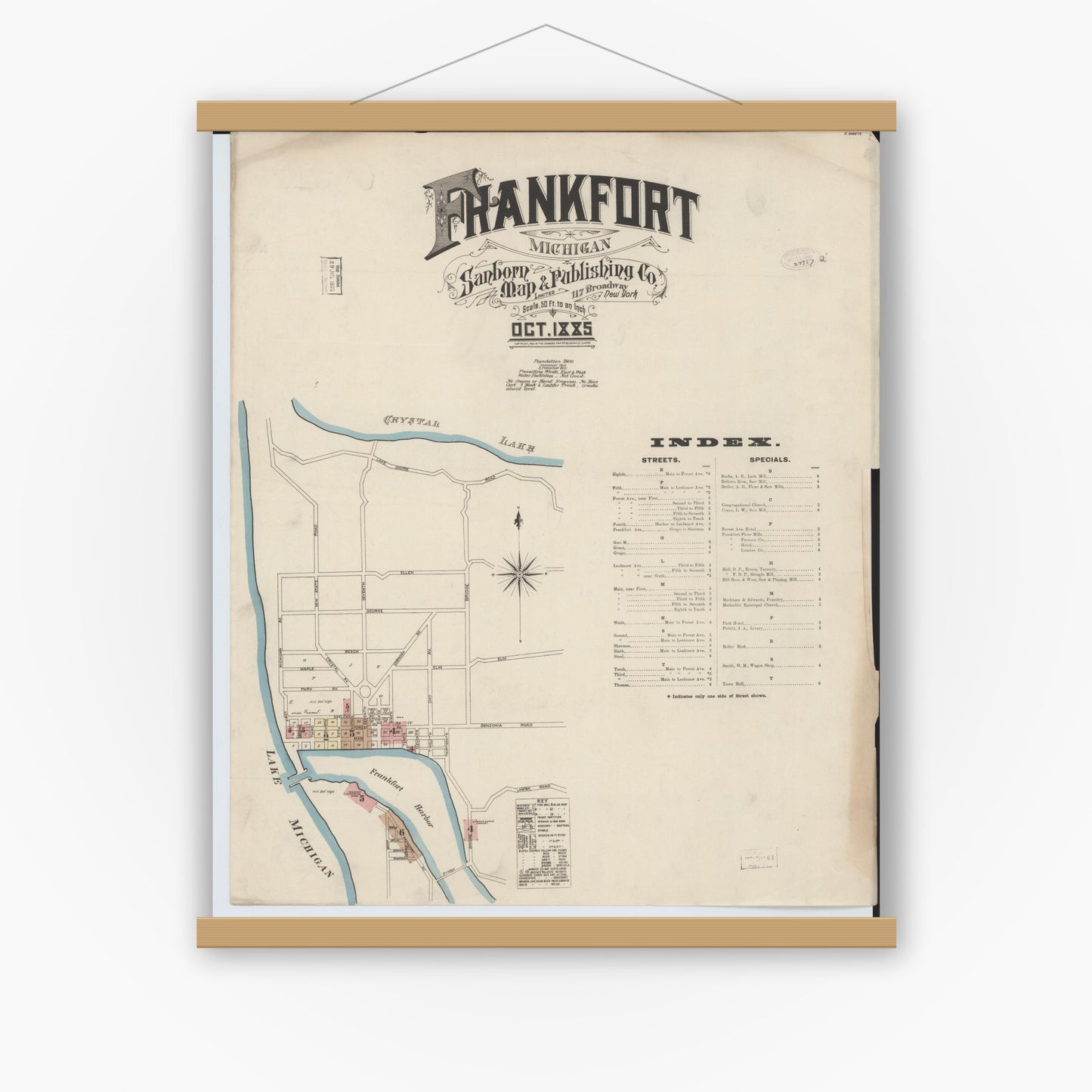 Old map wall art mockup — magnetic wood frame on white wall — Sanborn Fire Insurance Map from Frankfort, Benzie County, Michigan (1885) - Complete Map Set