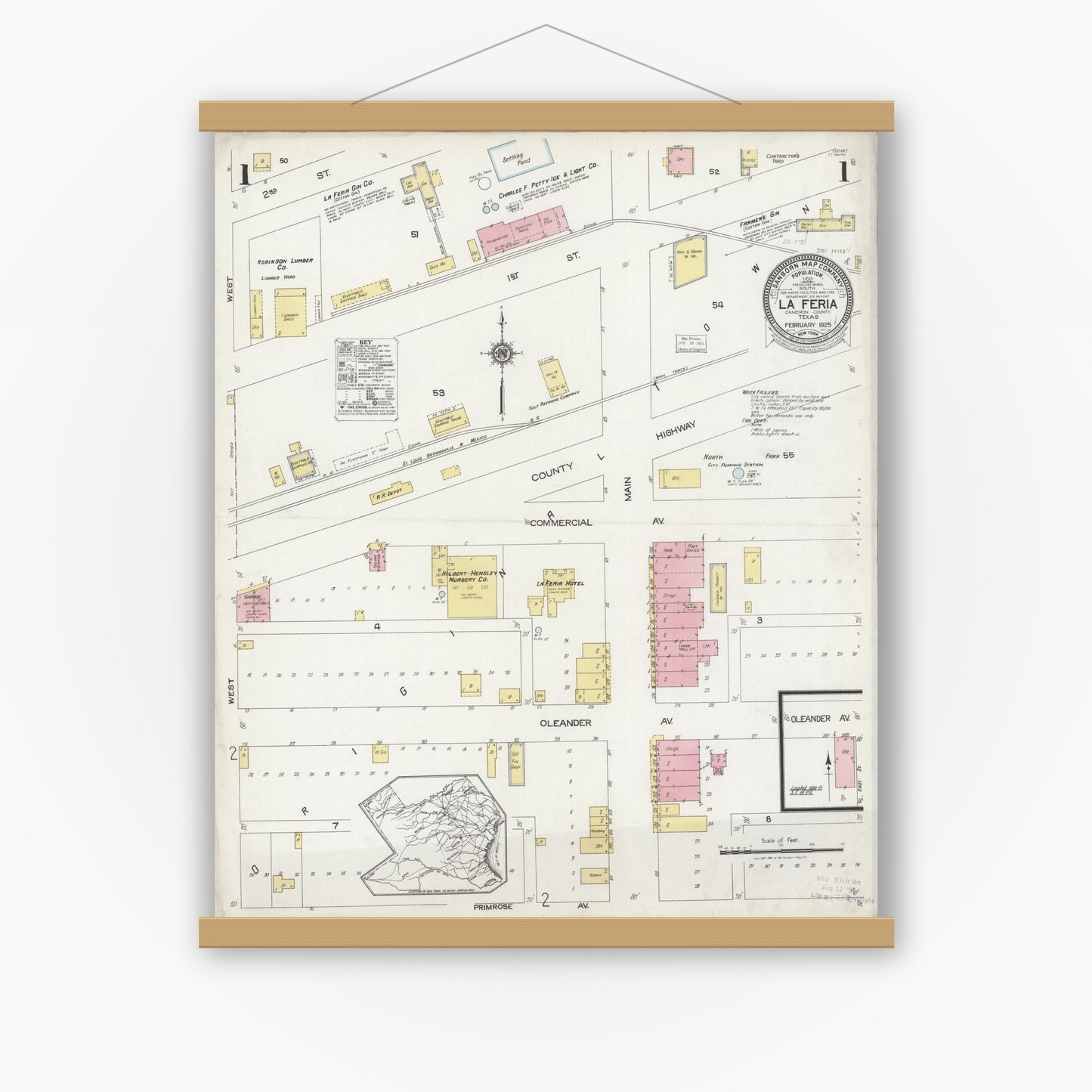 Old map wall art mockup — magnetic wood frame on white wall — Sanborn Fire Insurance Map from La Feria, Cameron County, Texas (1925), Sheet #0001