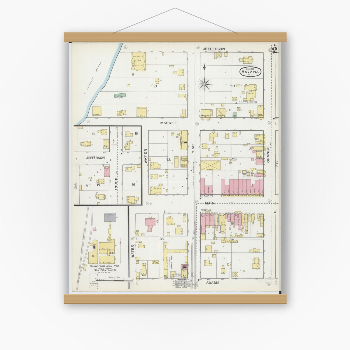 Old map wall art mockup — magnetic wood frame on white wall — Sanborn Fire Insurance Map from Havana, Mason County, Illinois (1892), Sheet #0002