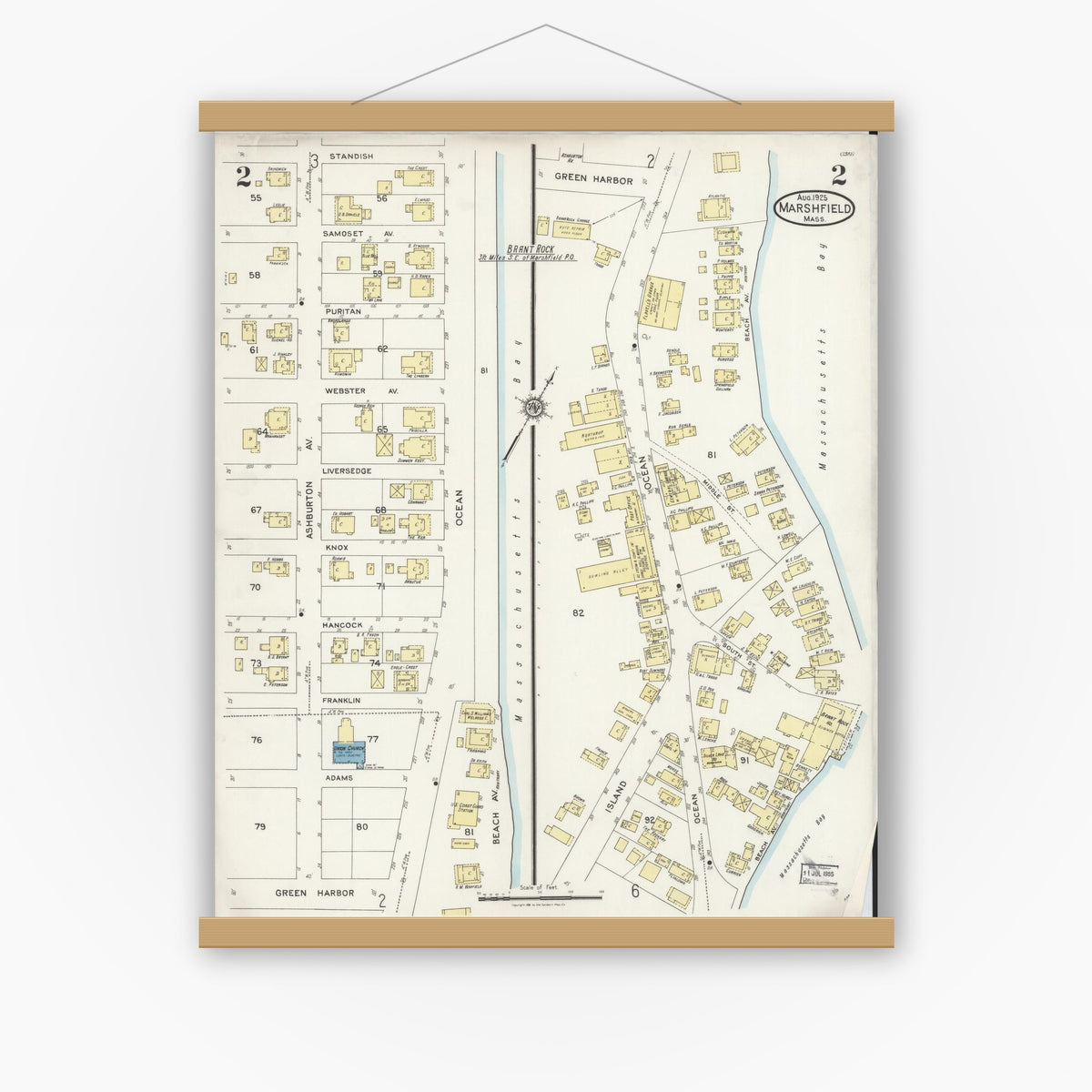 Old map wall art mockup — magnetic wood frame on white wall — Sanborn Fire Insurance Map from Marshfield, Plymouth County, Massachusetts (1925), Sheet #0002