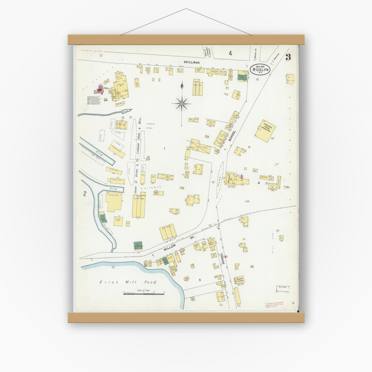 Old map wall art mockup — magnetic wood frame on white wall — Sanborn Fire Insurance Map from Roslyn, Nassau County, New York (1902), Sheet #0003