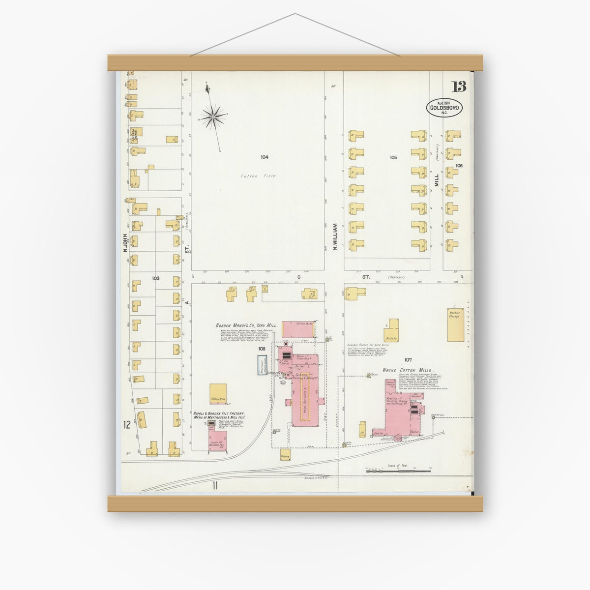 Old map wall art mockup — magnetic wood frame on white wall — Sanborn Fire Insurance Map from Goldsboro, Wayne County, North Carolina (1901), Sheet #0013