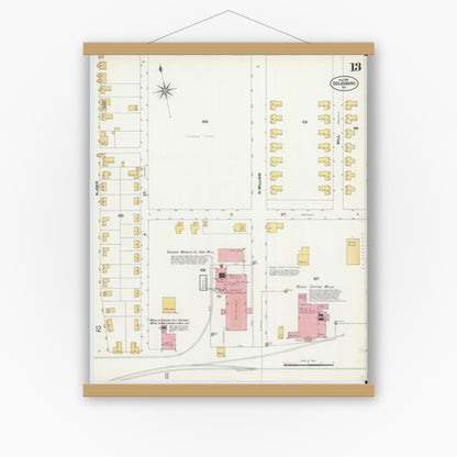 Old map wall art mockup — magnetic wood frame on white wall — Sanborn Fire Insurance Map from Goldsboro, Wayne County, North Carolina (1901), Sheet #0013